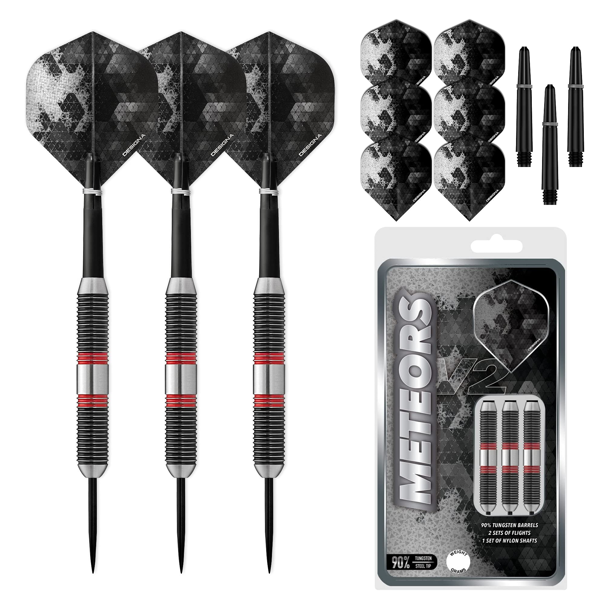 Designa Darts Meteors | 40g Premium 90% Tungsten Heavy Barrel Steel Tip Dart Set, M3, Black & Red (D8650)