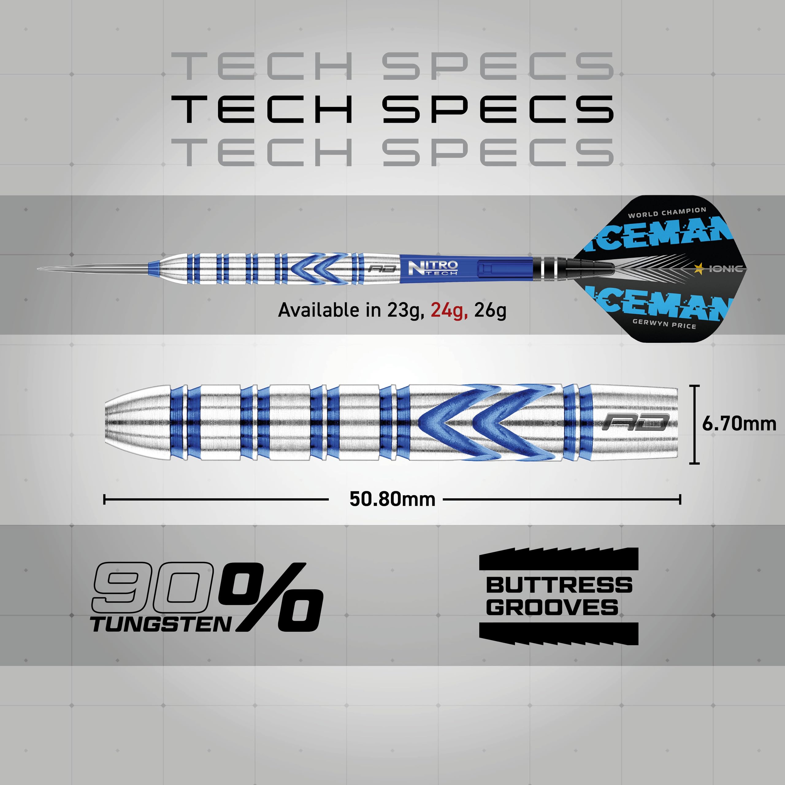 RED DRAGON Gerwyn Price Iceman Originals 24 Gram - Tungsten Steel Darts Set with Flights and Stems