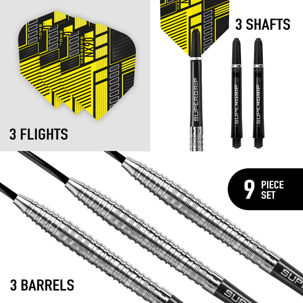 Harrows NX90 90% Tungsten Steel Tip Darts Set 21g, 22g, 23g, 24g, 25g & 26g - Includes Black Supergrip Midi Shafts & Micron NX90 Flights (22g)