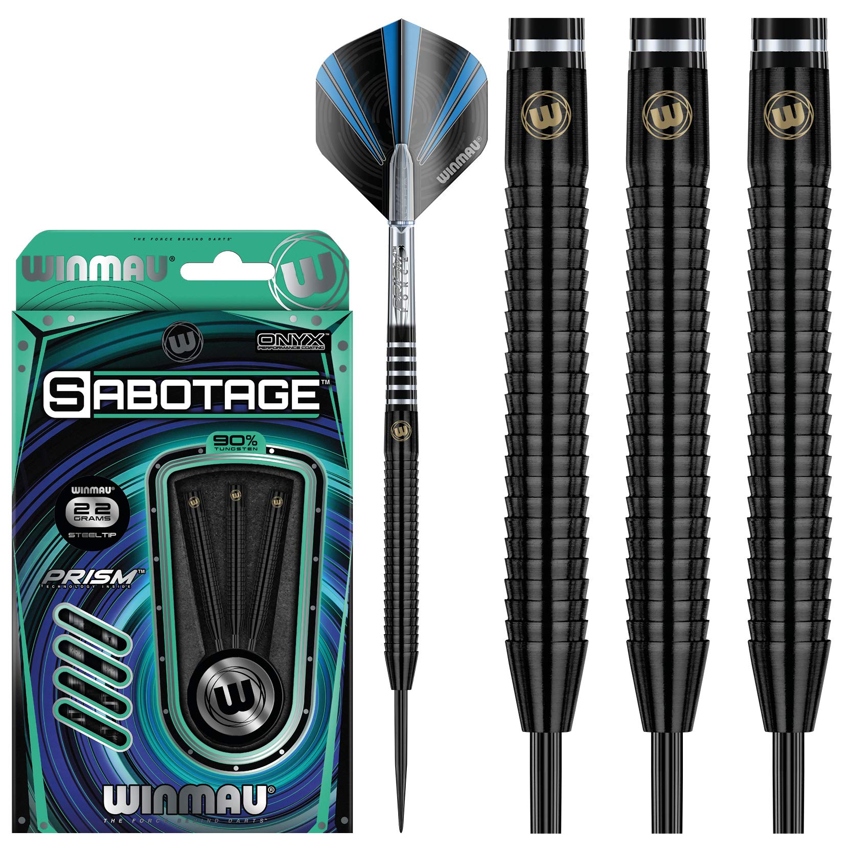 WINMAU Sabotage Onyx 22g Tungsten Steeltip Darts Set with Prism Flights and Shafts (Stems)