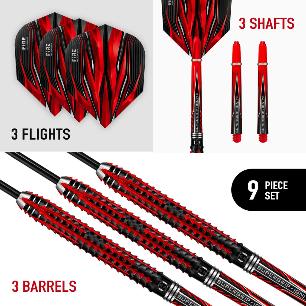 Harrows Fire Inferno 90% Tungsten Steel Tip Darts Set 22g, 23g & 24g- Includes Red Supergrip Ignite Shafts & stunning new 100 Micron Fire Flights