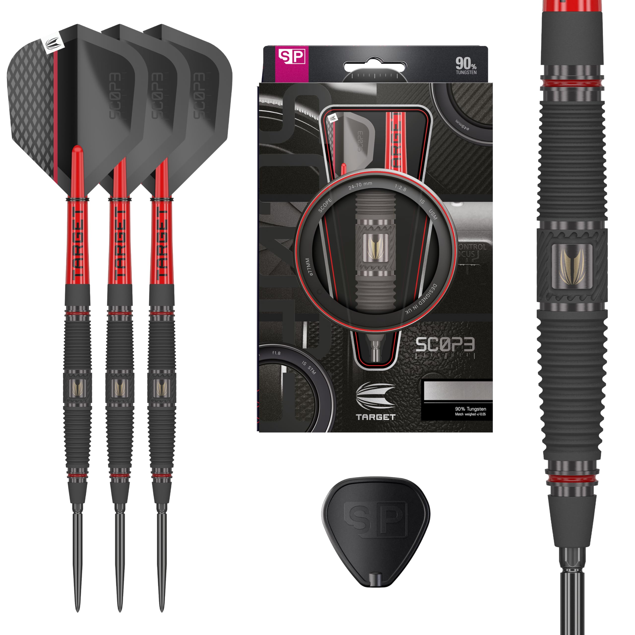 TARGET Darts Scope Steel Tip Swiss Point Darts, 90% Tungsten Dart Set, Barrel 04-23G | Steel Tip Dart Sets, Red & Black Darts, Professional Dart Set