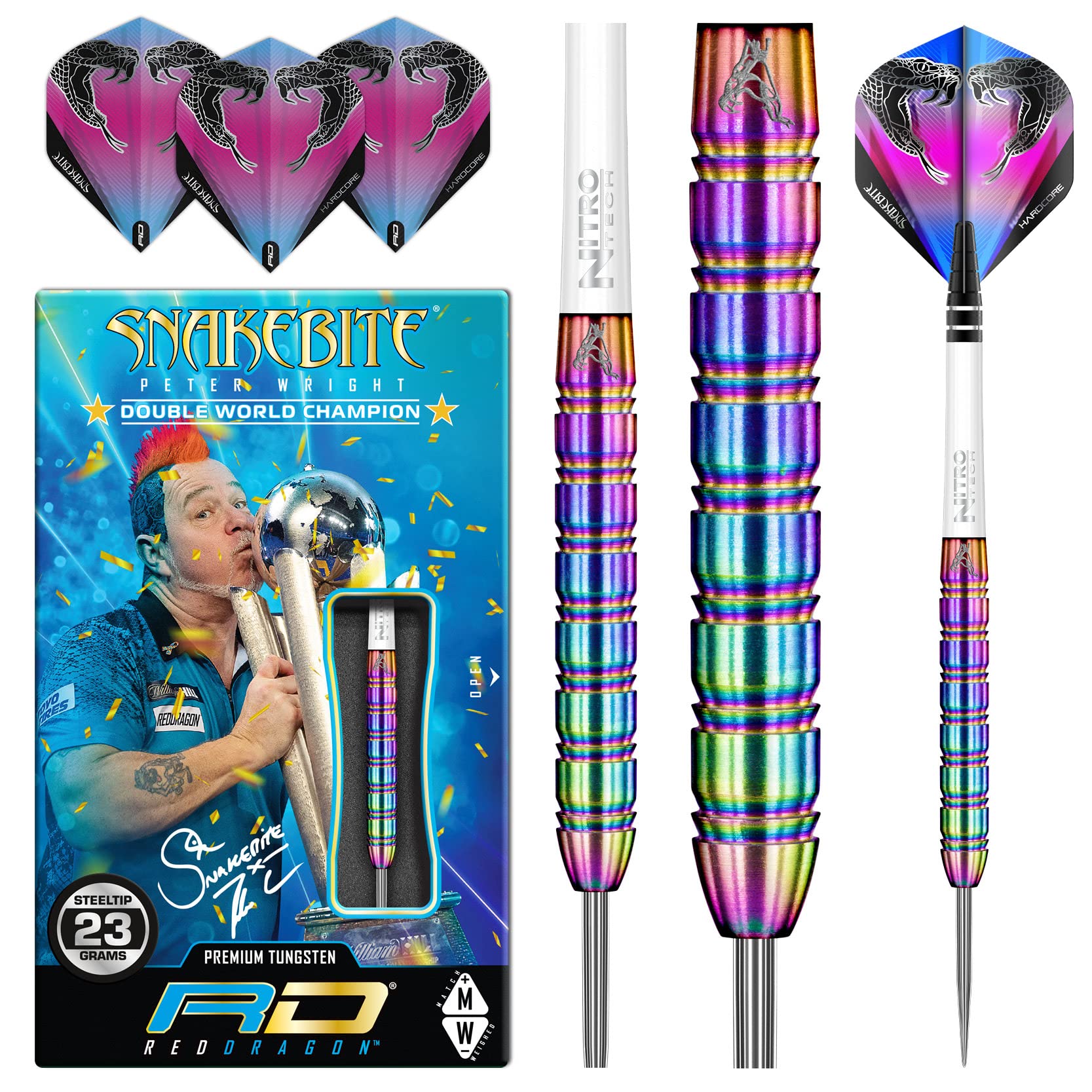 RED DRAGON Darts ? Peter Wright Snakebite 1 Series 23g ? Professional 85% Tungsten Steel Tip Darts Set with Dart Flights and Shafts
