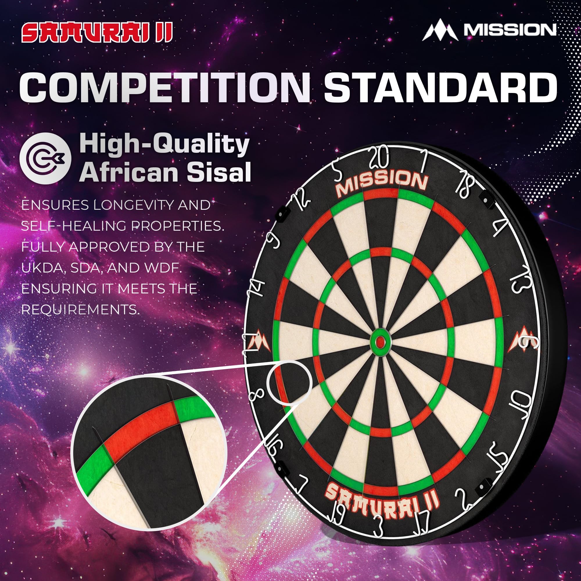 Mission Darts DB023 Samurai II | Professional Competition Standard Dartboard with Ultra Thin Wire Construction and Non Fade Colours
