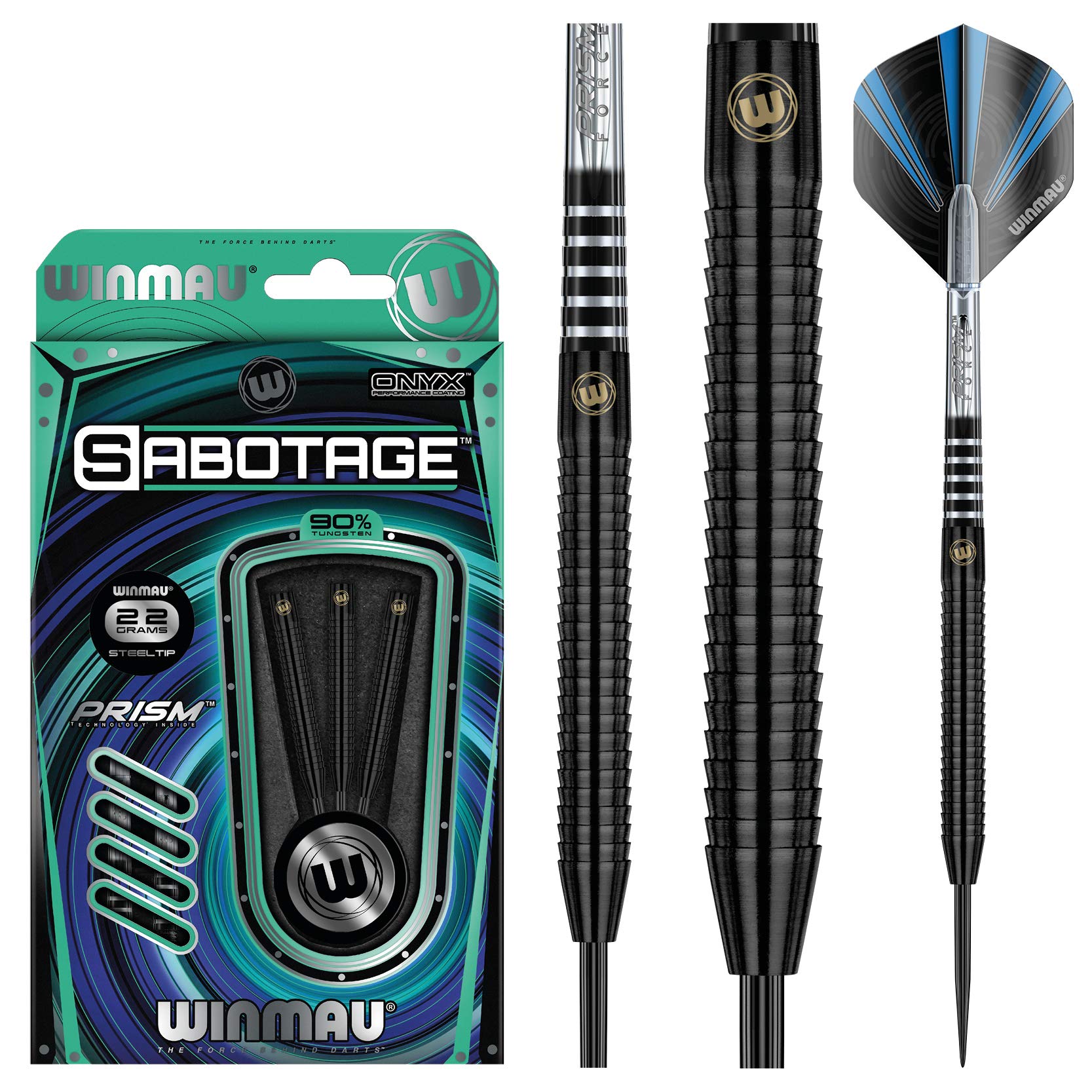 WINMAU Sabotage Onyx 22g Tungsten Steeltip Darts Set with Prism Flights and Shafts (Stems)