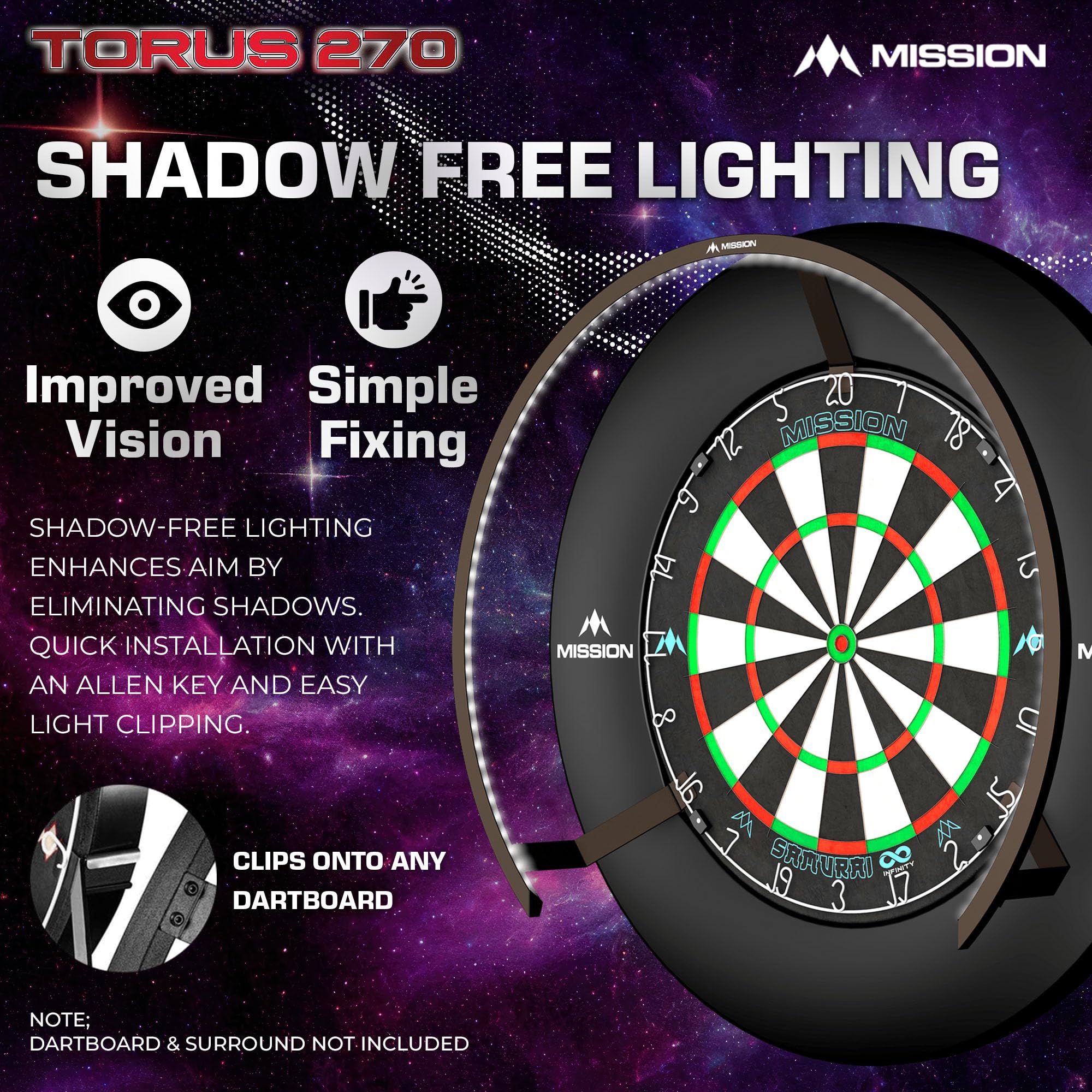 Mission Darts TOR270 Torus 270 | Dartboard LED Lighting System with Easy Access Area for Unrestricted Play, Sand Blasted Black