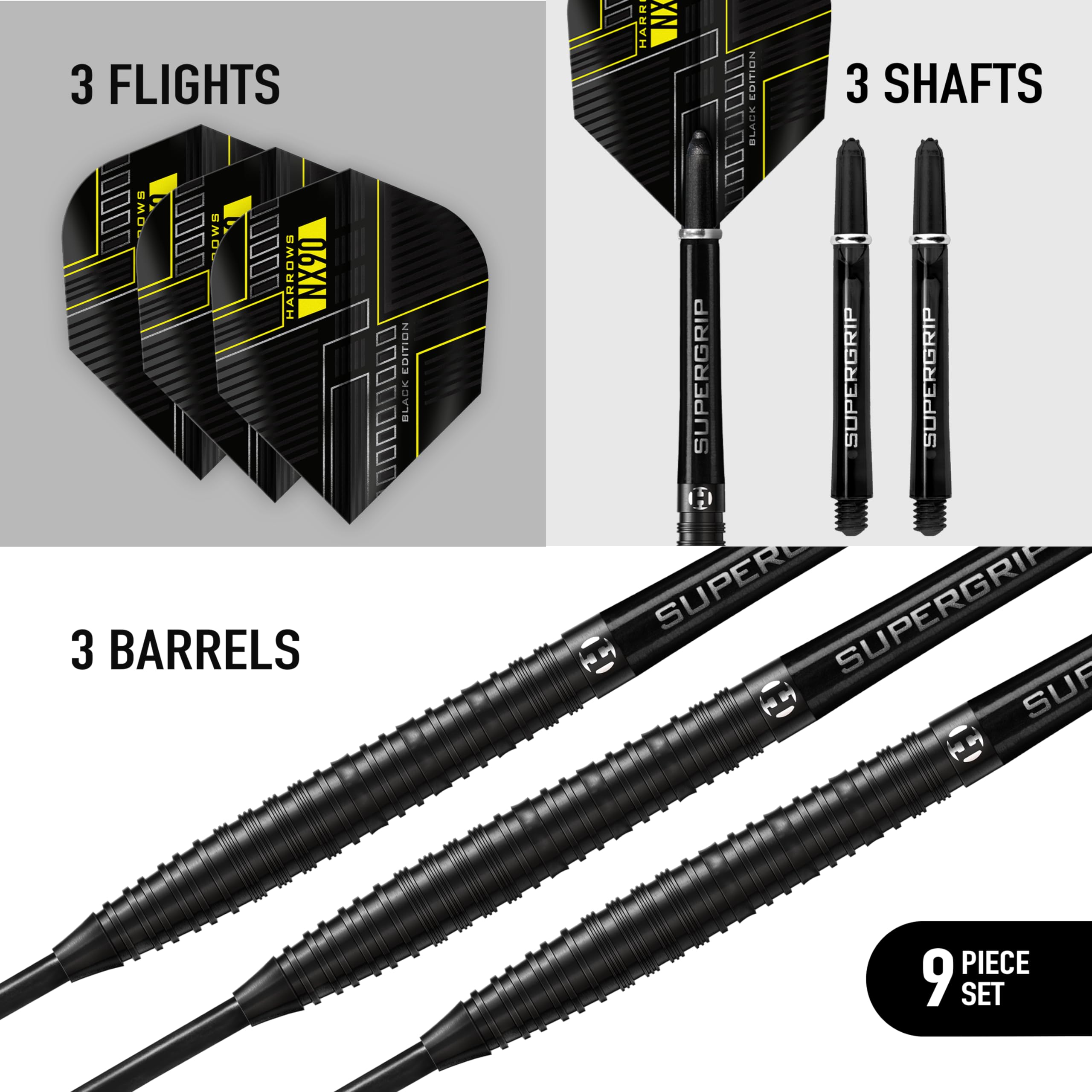 Harrows NX90 BLACK EDITION 90% Tungsten Steel Tip Darts Set 21g, 22g, 23g, 24g, 25g & 26g - Includes Black Supergrip Midi Shafts & Micron NX90