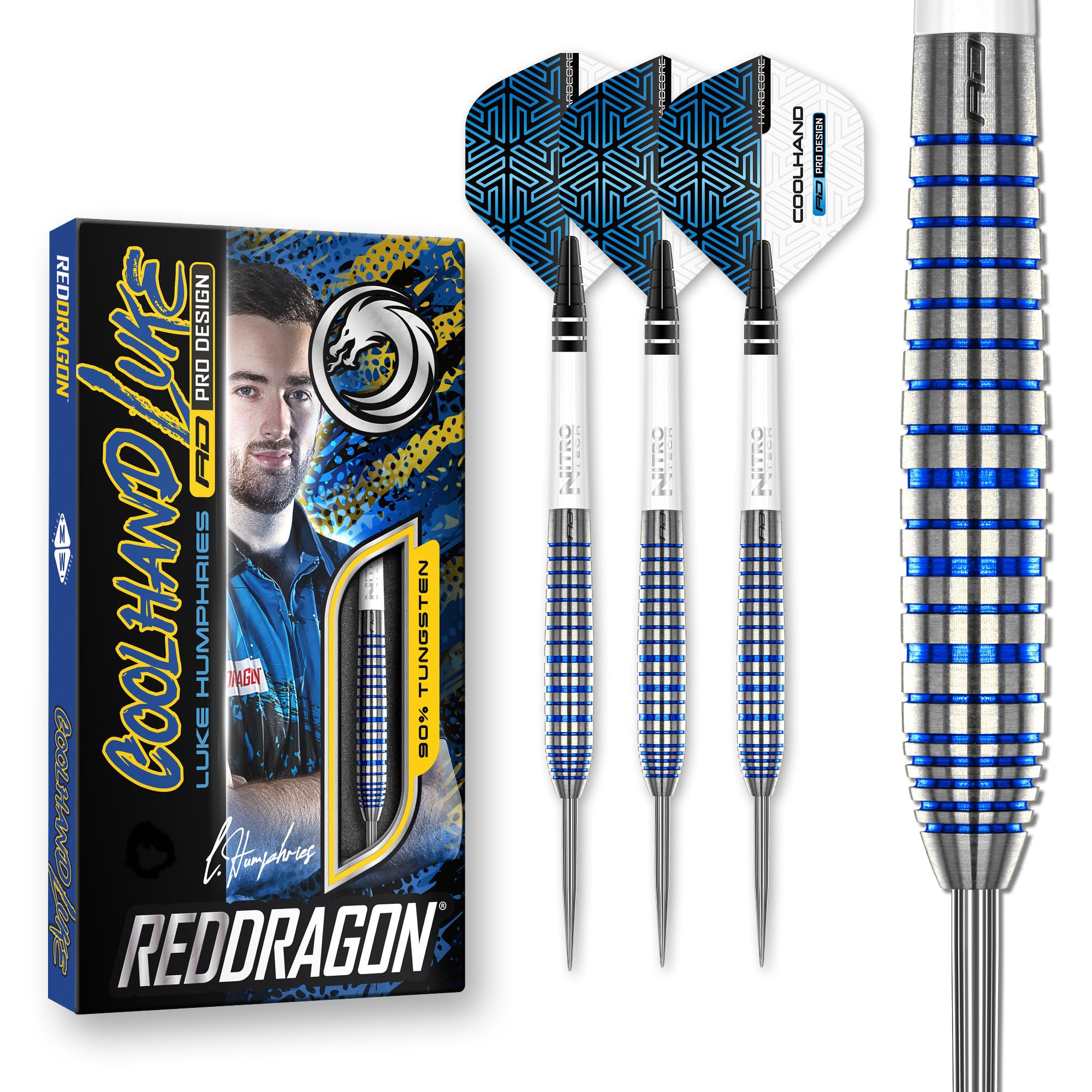 RED DRAGON Luke Humphries TX3 Cool Blue SE 24 Gram Premium Tungsten Steeltip Darts Set with Flights and Stems