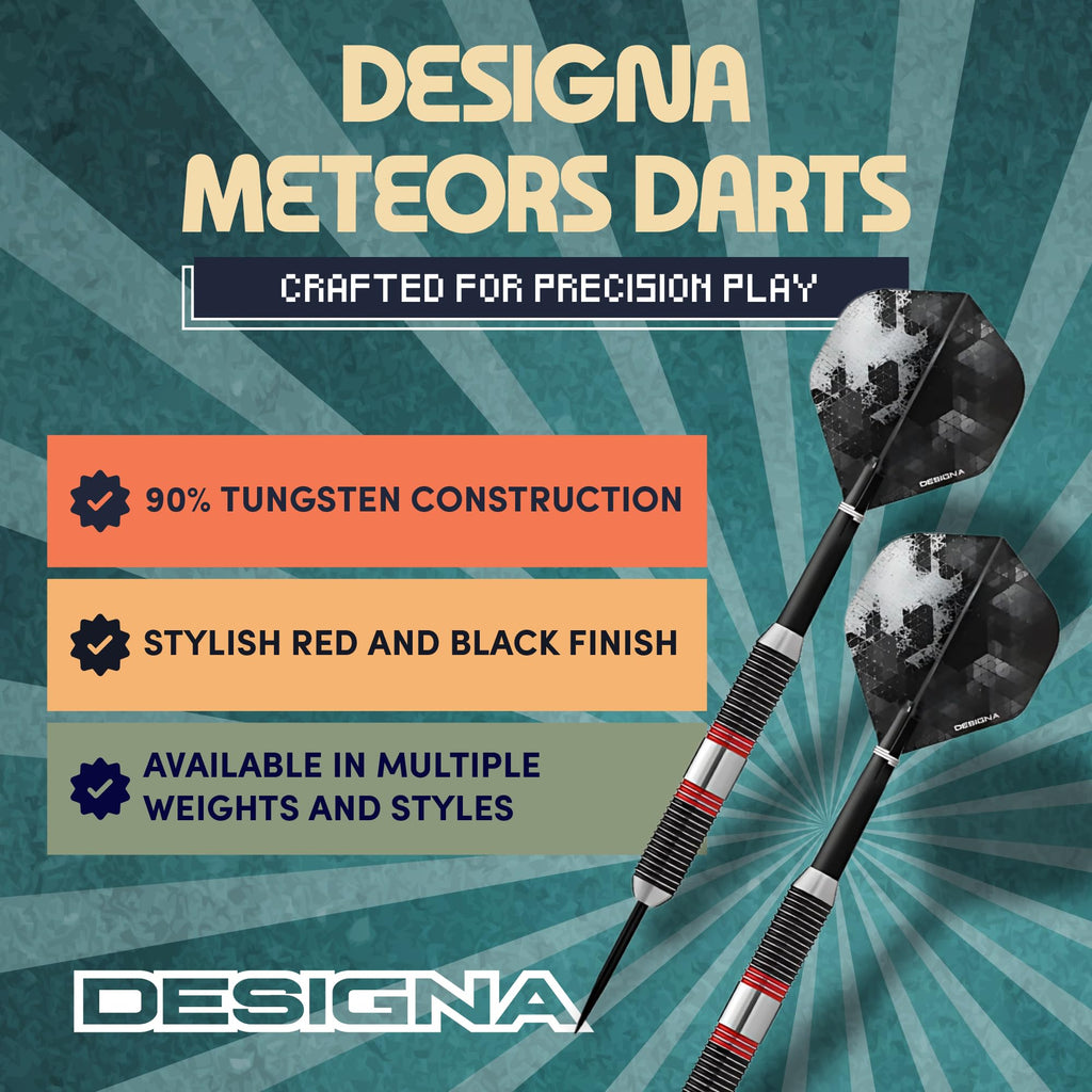 Designa D8650 Meteors | 44g Premium 90% Tungsten Heavy Barrel Steel Tip Dart Set With Ringed Grip Including Flights and Stems, M3, Black and Red