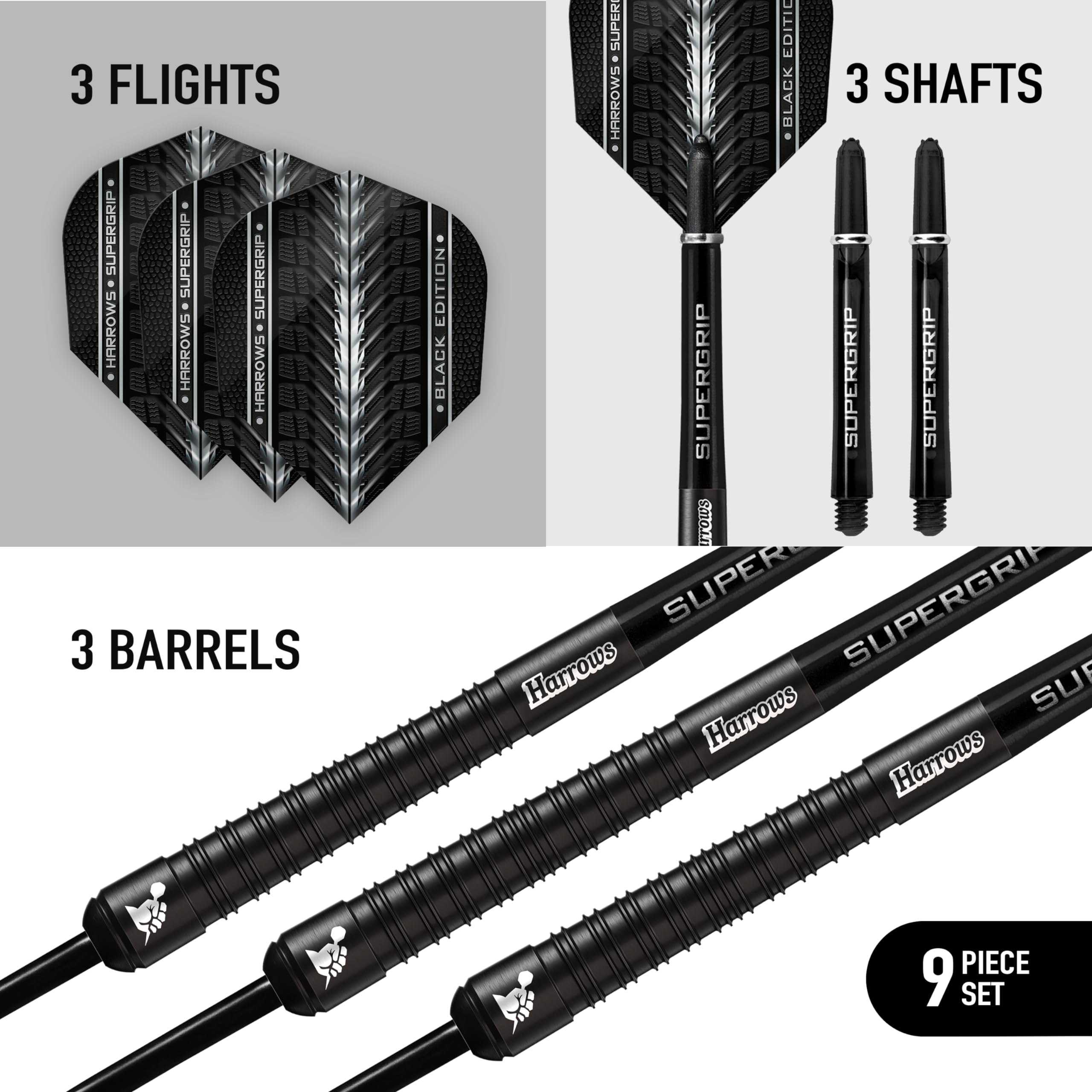 Harrows SUPERGRIP BLACK EDITION 90% Tungsten Steel Tip Darts Set. Available in 21g, 22g, 23g, 24g, 25g, 26g, 28g & 30g - Includes Supergrip Shafts &