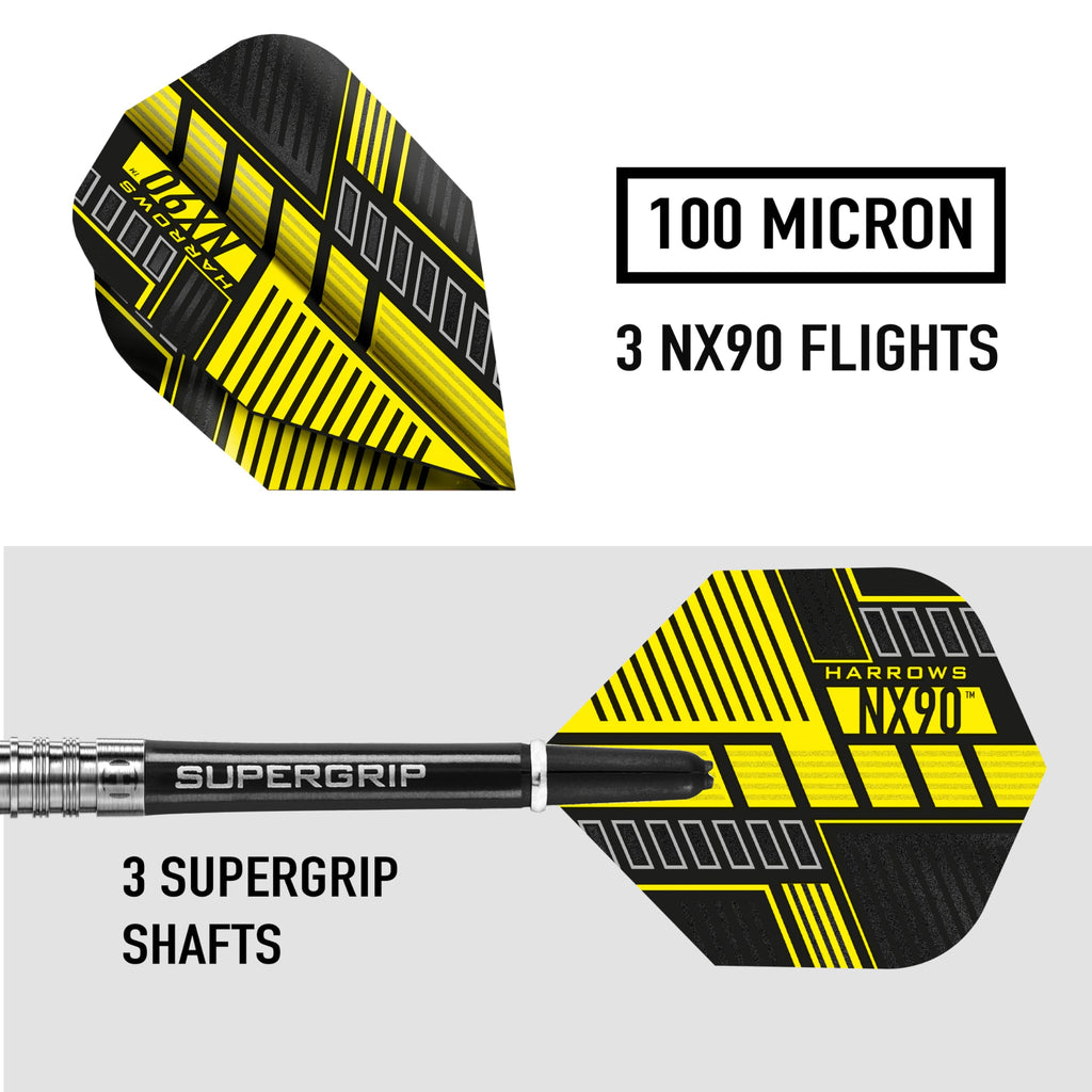Harrows NX90 90% Tungsten Steel Tip Darts Set 21g, 22g, 23g, 24g, 25g & 26g - Includes Black Supergrip Midi Shafts & Micron NX90 Flights (21g)