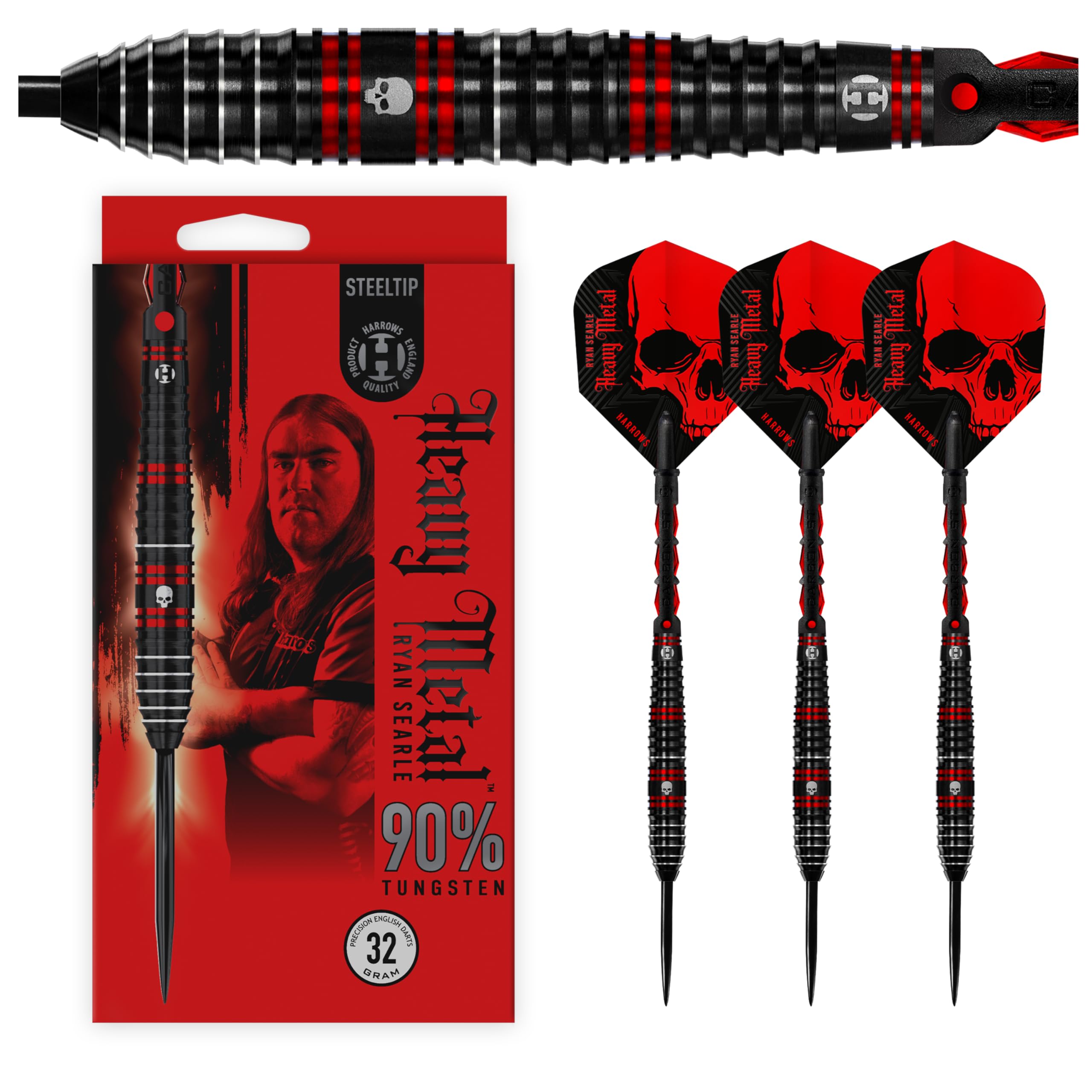 Harrows Ryan Searle Heavy Metal Serie 2-Spieler-Darts-Set I Professionelle Darts 90% Wolframstahlspitze 22 g bis 26 g, 30 g und 32 g Pro Darts I