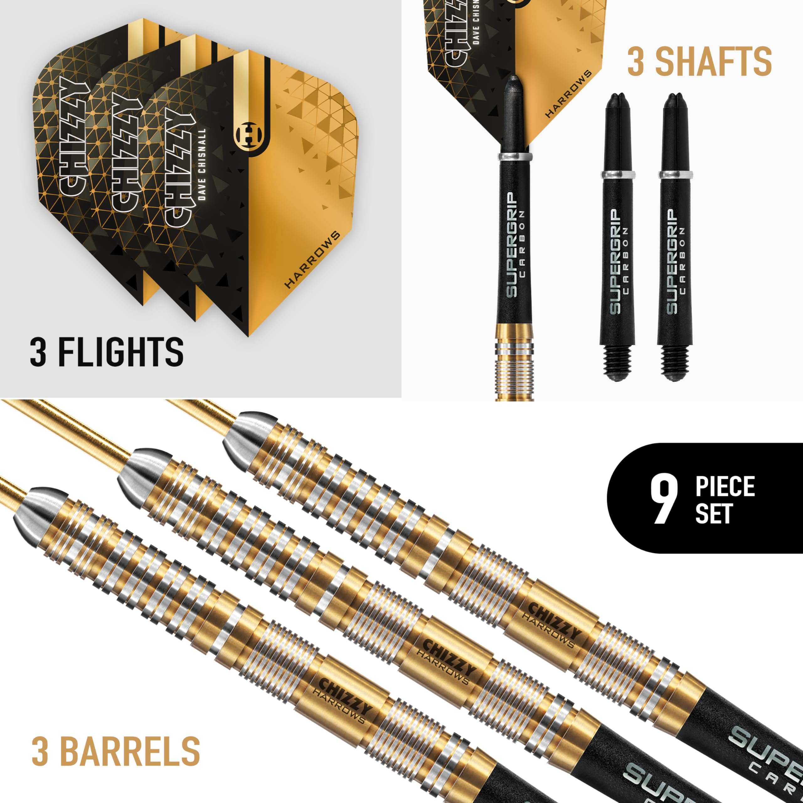 Harrows Dave 'Chizzy' Chisnall 90% Tungsten Darts | Pro Player Steel Tip Darts set| 21g, 22g, 23g, 24g, 25g & 26g | Includes Supergrip Carbon Shafts &