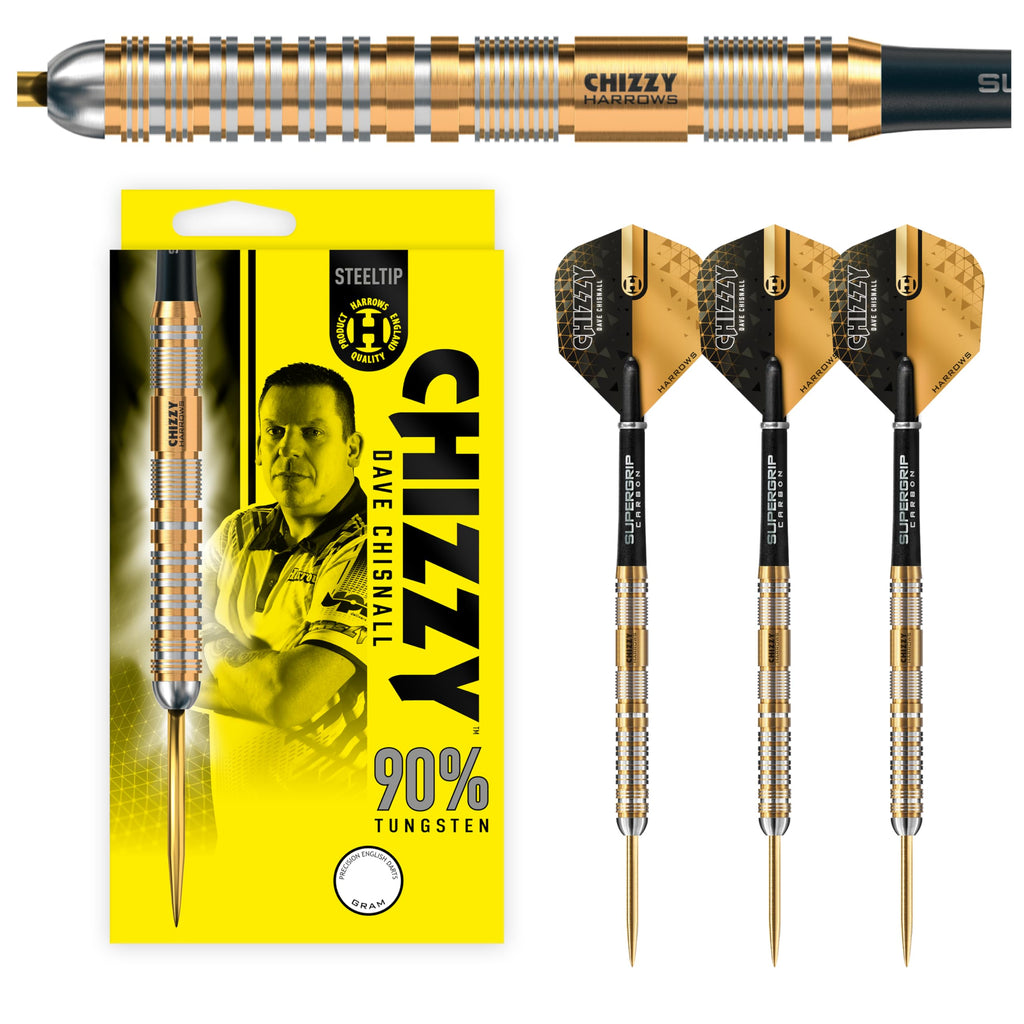 Harrows Dave 'Chizzy' Chisnall 90% Tungsten Darts | Pro Player Steel Tip Darts set| 21g, 22g, 23g, 24g, 25g & 26g | Includes Supergrip Carbon Shafts &