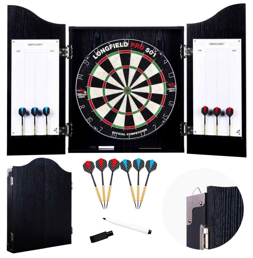 Engelhart - 065015 - Wooden Dart Cabinet + Sisal Dartboard + 2 Sets of 18 g Darts (Black)