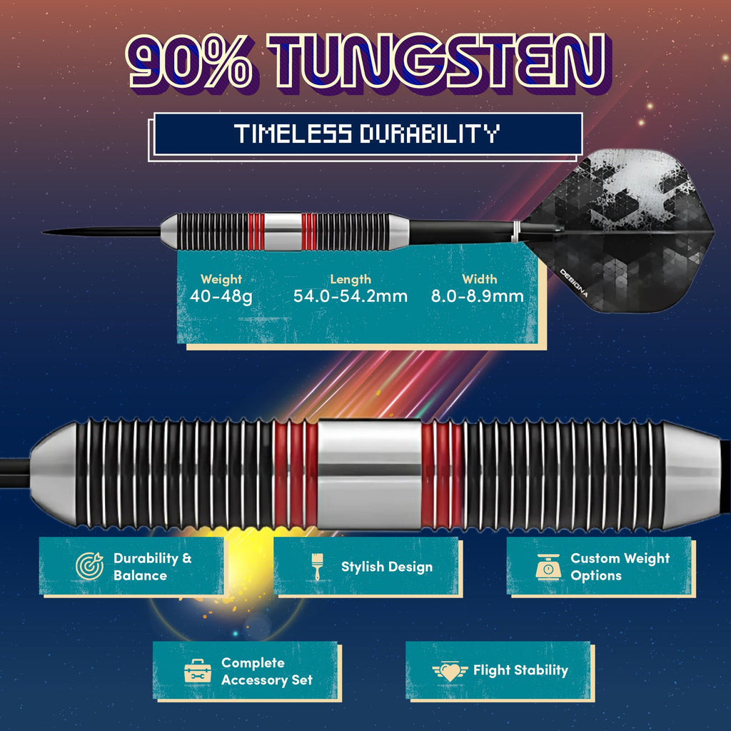 Designa Darts Meteors | 40g Premium 90% Tungsten Heavy Barrel Steel Tip Dart Set, M3, Black & Red (D8650)