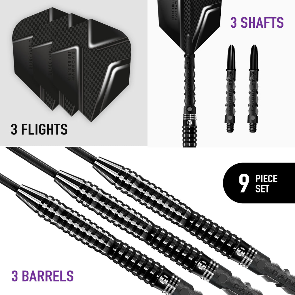 Harrows Black Knight 90% Tungsten Steel Tip Darts Set, 21g - 26g - Includes Black Carbon ST Midi Shafts & Micron Black Knight Flights (25g)