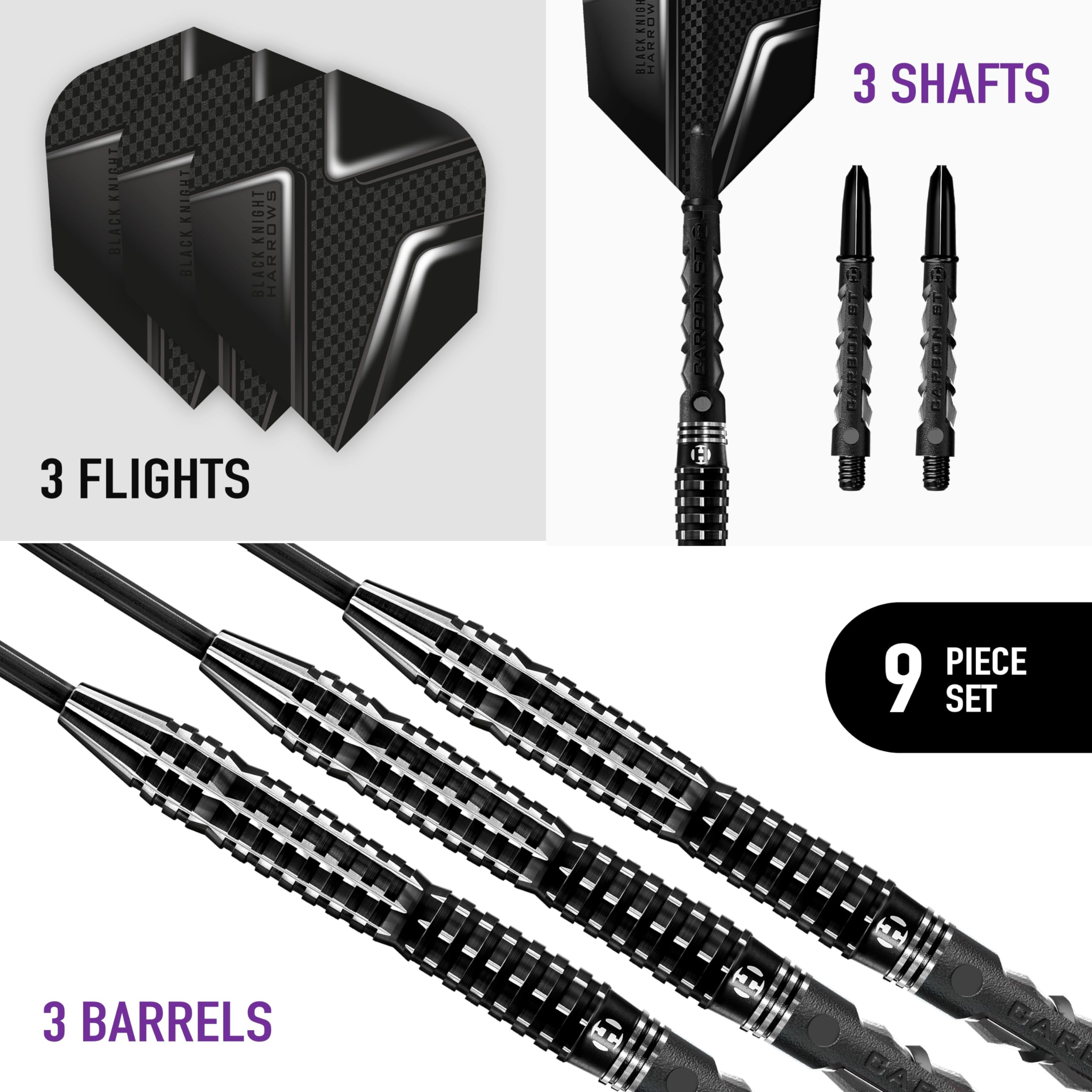 Harrows Black Knight 90% Tungsten Steel Tip Darts Set, 21g - 26g - Includes Black Carbon ST Midi Shafts & Micron Black Knight Flights (24g)