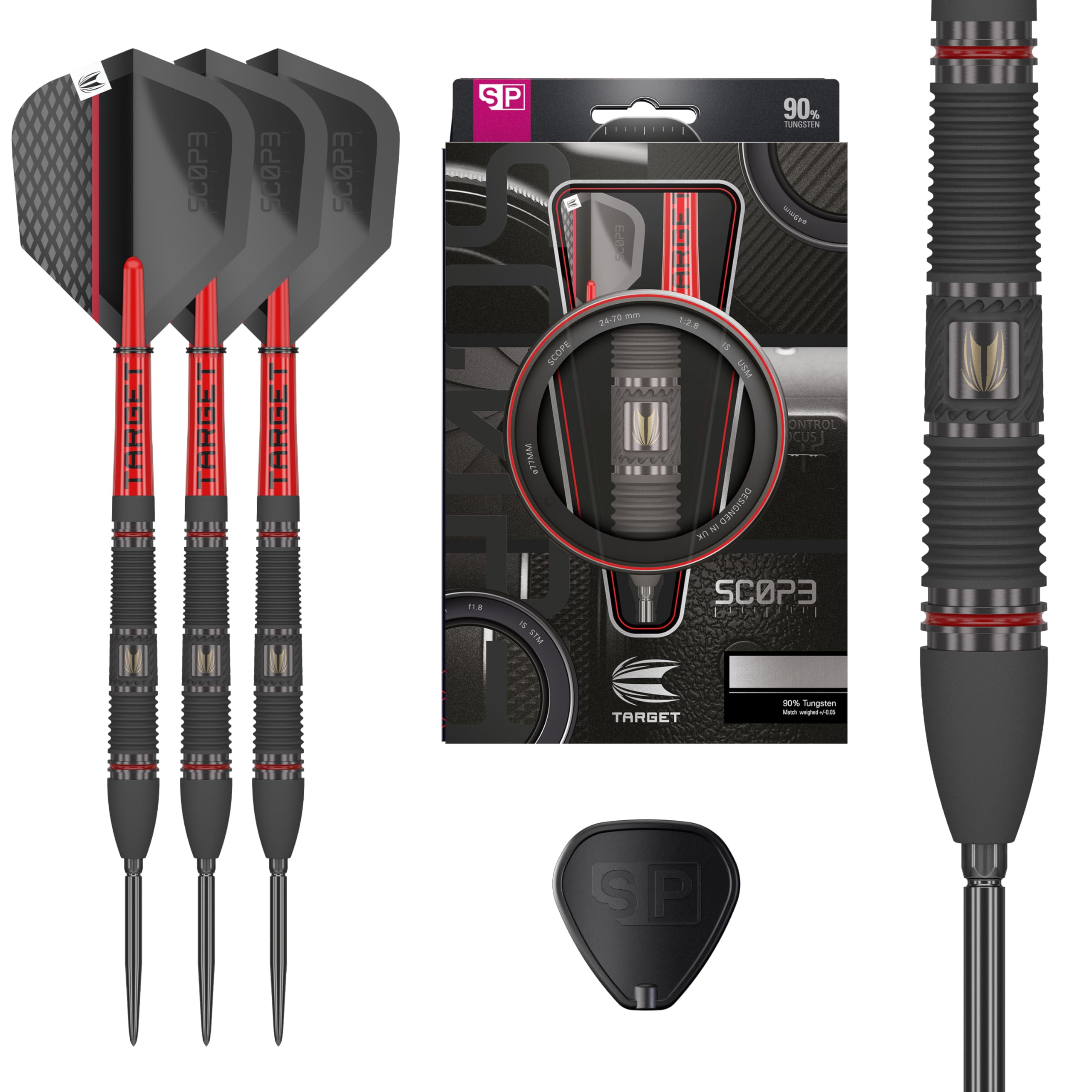 TARGET Darts Scope Steel Tip Swiss Point Darts, 90% Tungsten Dart Set, Barrel 02-23G | Steel Tip Dart Sets, Red & Black Darts, Professional Dart Set