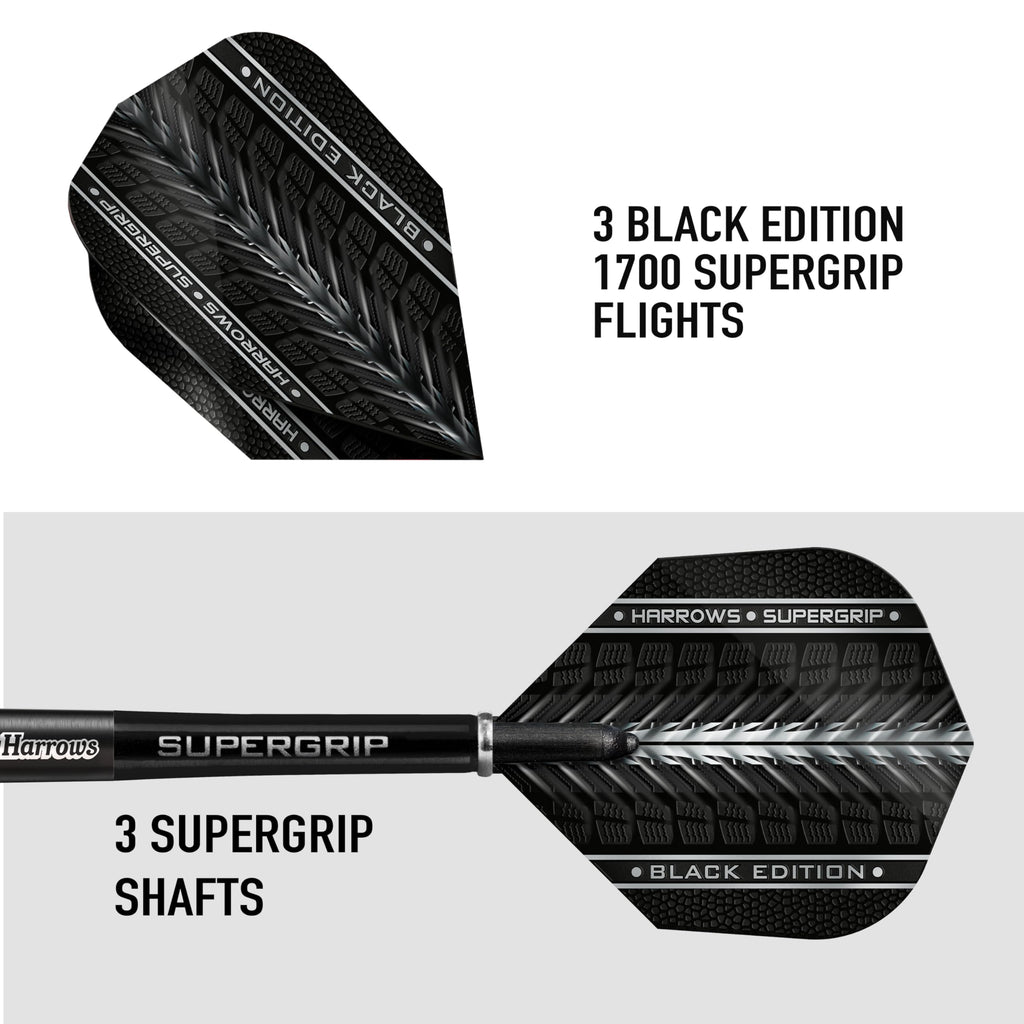 Harrows SUPERGRIP BLACK EDITION 90% Tungsten Steel Tip Darts Set. Available in 21g, 22g, 23g, 24g, 25g, 26g, 28g & 30g - Includes Supergrip Shafts &