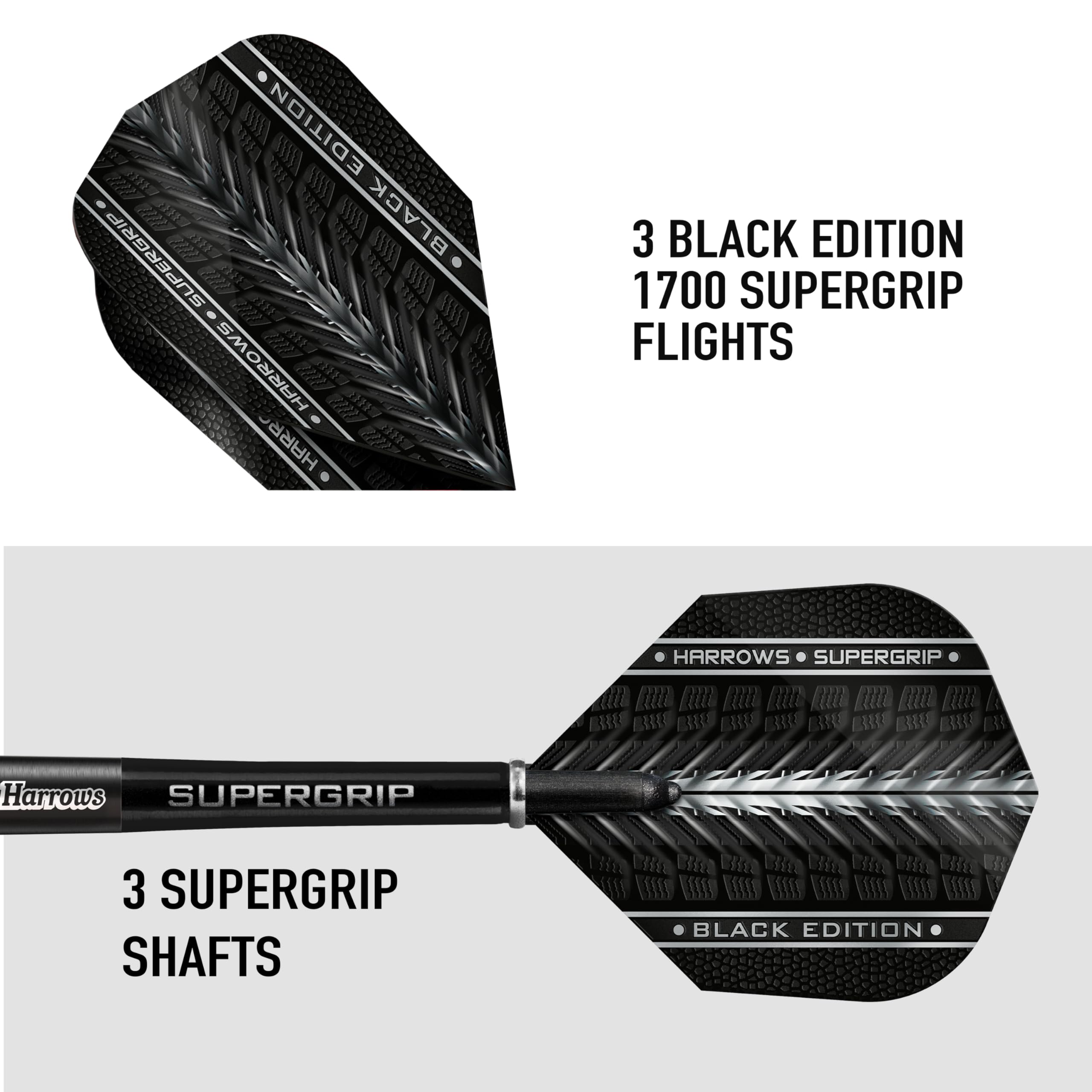 Harrows SUPERGRIP BLACK EDITION 90% Tungsten Steel Tip Darts Set. Available in 21g, 22g, 23g, 24g, 25g, 26g, 28g & 30g - Includes Supergrip Shafts &