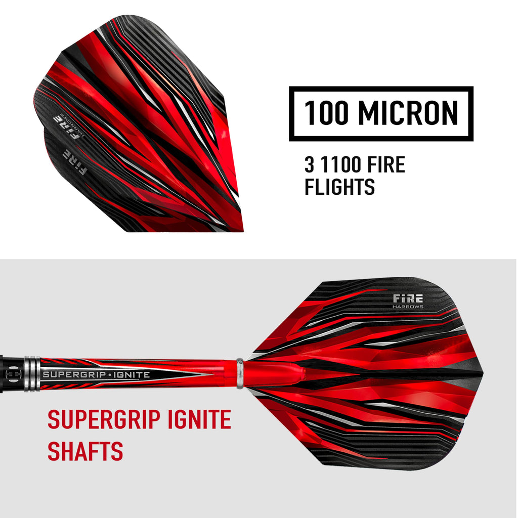 Harrows Fire Inferno 90% Tungsten Steel Tip Darts Set 22g, 23g & 24g- Includes Red Supergrip Ignite Shafts & stunning new 100 Micron Fire Flights