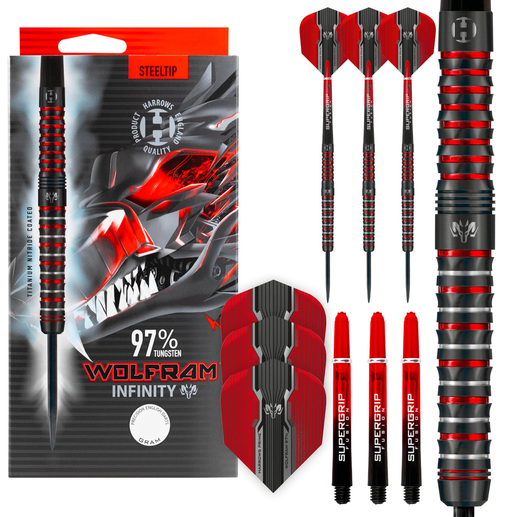 Harrows Wolfram Infinity Steel Tip Tungsten Darts Set 21g, 22g, 23g & 24g - Includes Supergrip Fusion Shafts & Prime Wolfram Infinity Flights (24g)
