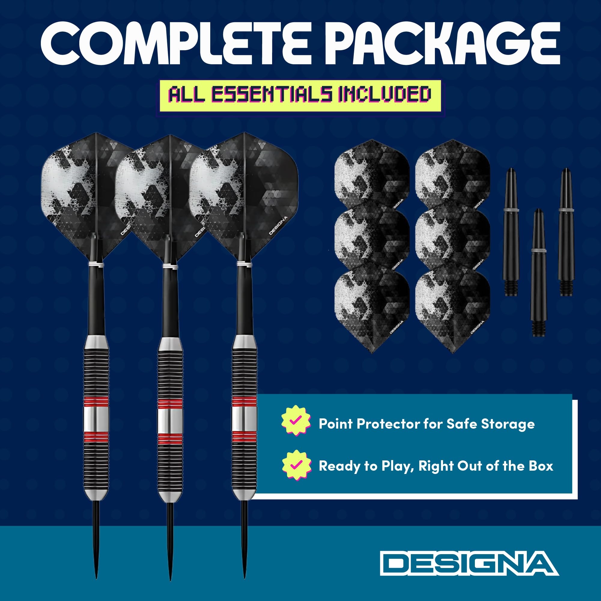 Designa Darts Meteors | 40g Premium 90% Tungsten Heavy Barrel Steel Tip Dart Set, M3, Black & Red (D8650)