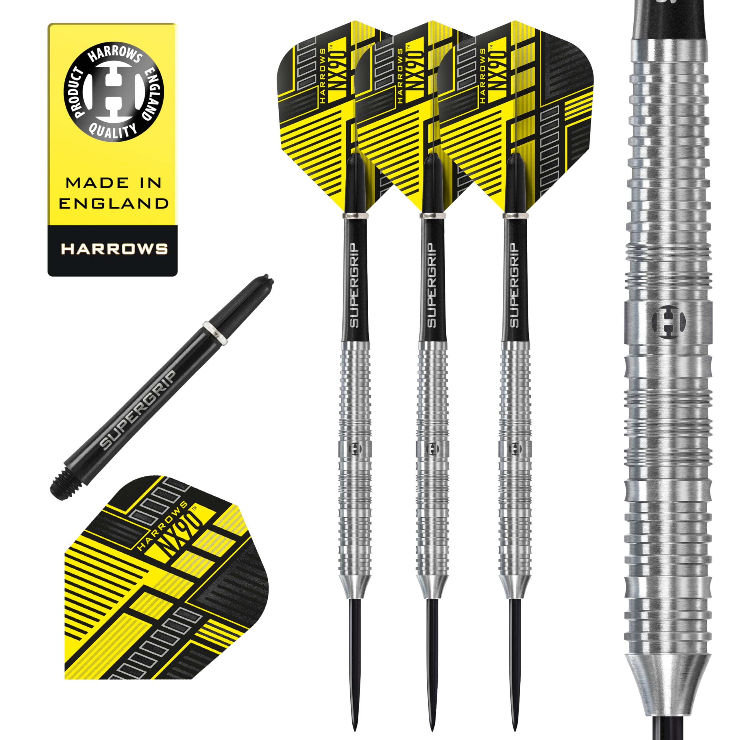 Harrows NX90 Bomb & Parallel Shape Darts Set I Professional Darts 90% Tungsten Steel Tip ALL Weights Pro Darts I 10pc Set with Black Supergrip Midi