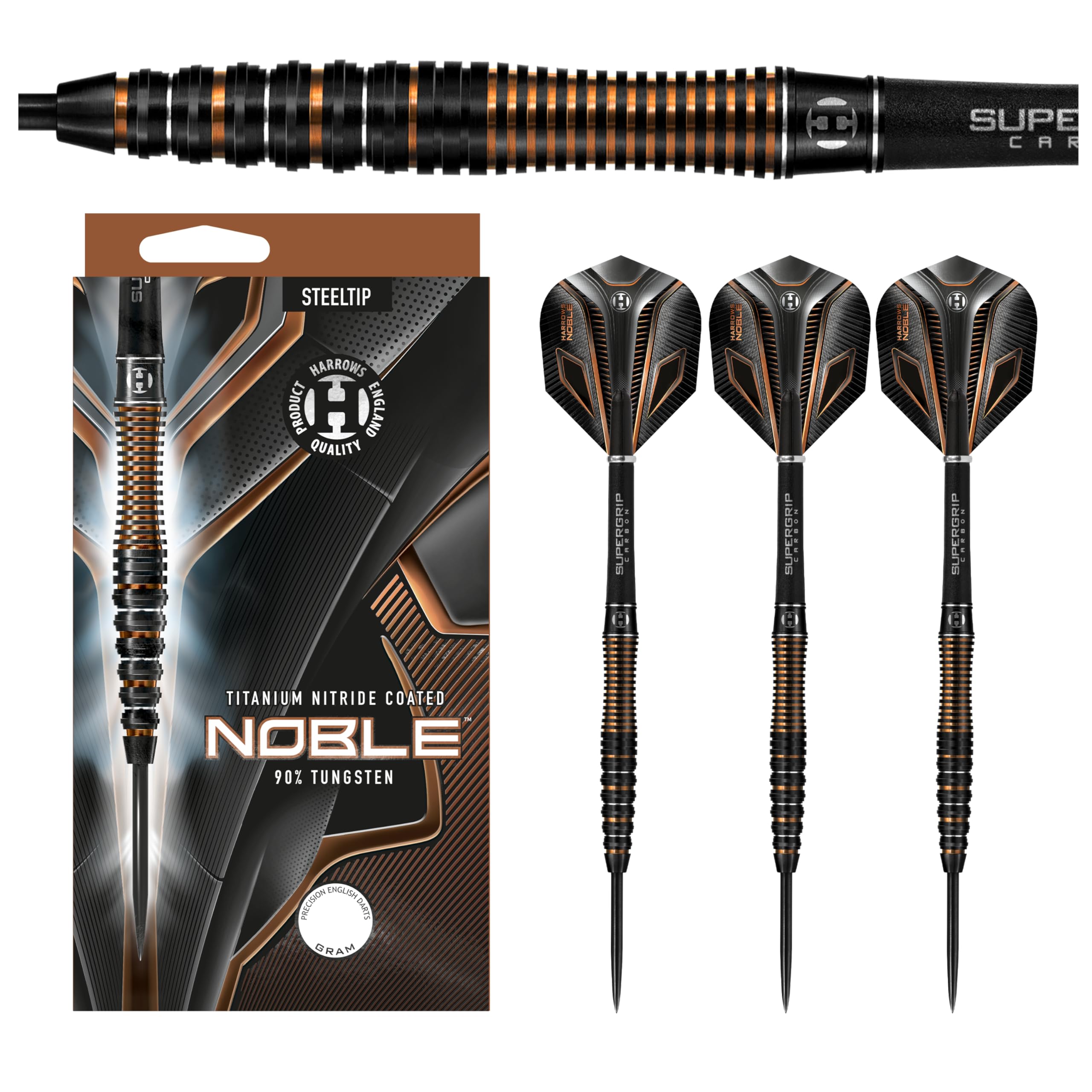 Harrows Noble 90% Tungsten Steel Tip Darts Set 22g, 23g, 24g & 25g - Includes Silver Supergrip Carbon Shafts & Micron Noble Flights (24g)