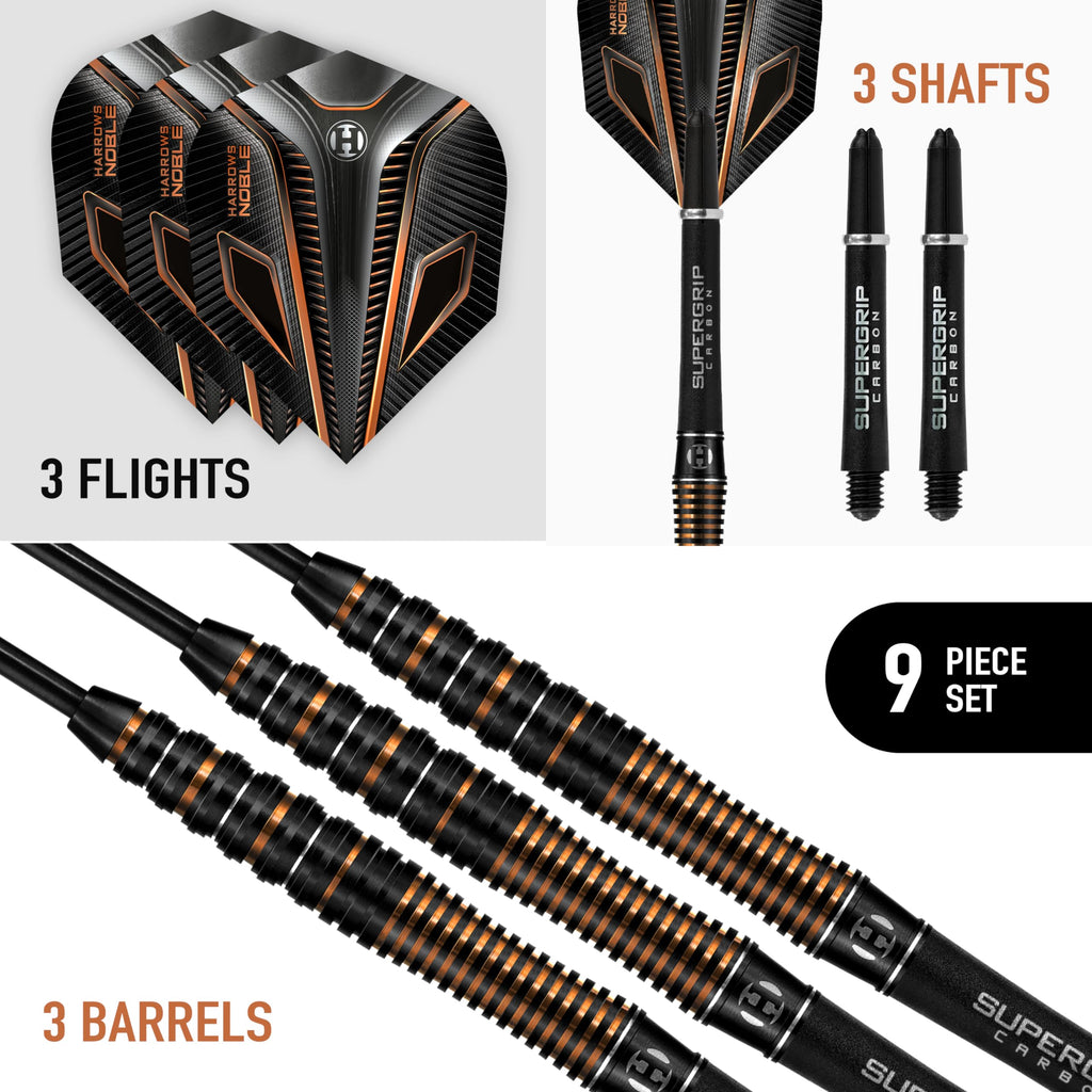 Harrows Noble 90% Tungsten Steel Tip Darts Set 22g, 23g, 24g & 25g - Includes Silver Supergrip Carbon Shafts & Micron Noble Flights (25g)