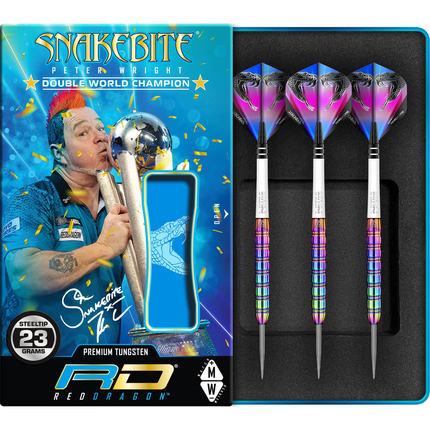 RED DRAGON Darts ? Peter Wright Snakebite 1 Series 23g ? Professional 85% Tungsten Steel Tip Darts Set with Dart Flights and Shafts