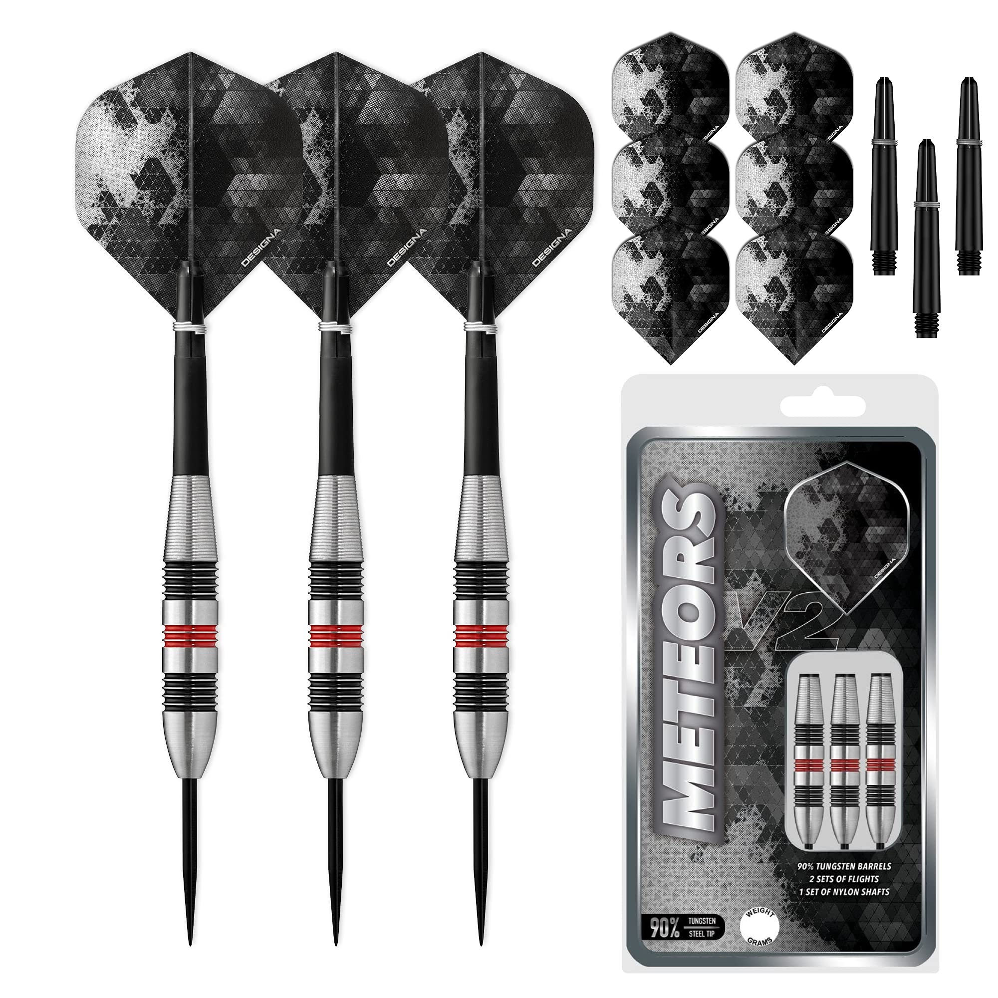 DESIGNA DARTS Meteors 90 V2 Darts | M2 | Ringed Steel Tip Darts Set | 36g (D8647)