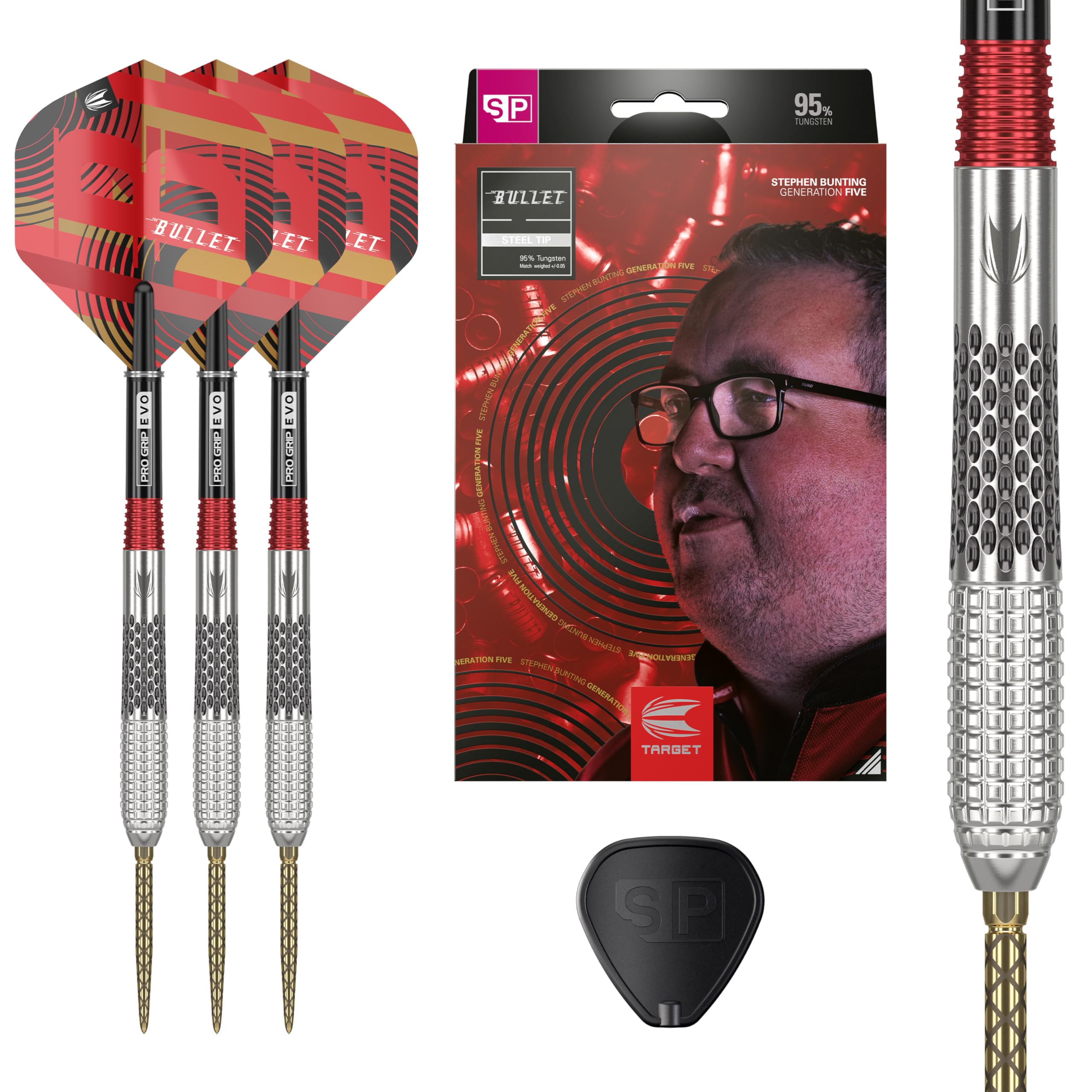 TARGET Darts Stephen Bunting G5 95% Tungsten Dart Set (22G), Steel Tip Swiss Point Darts | Generation 5 Player Edition Darts with Swiss Points,