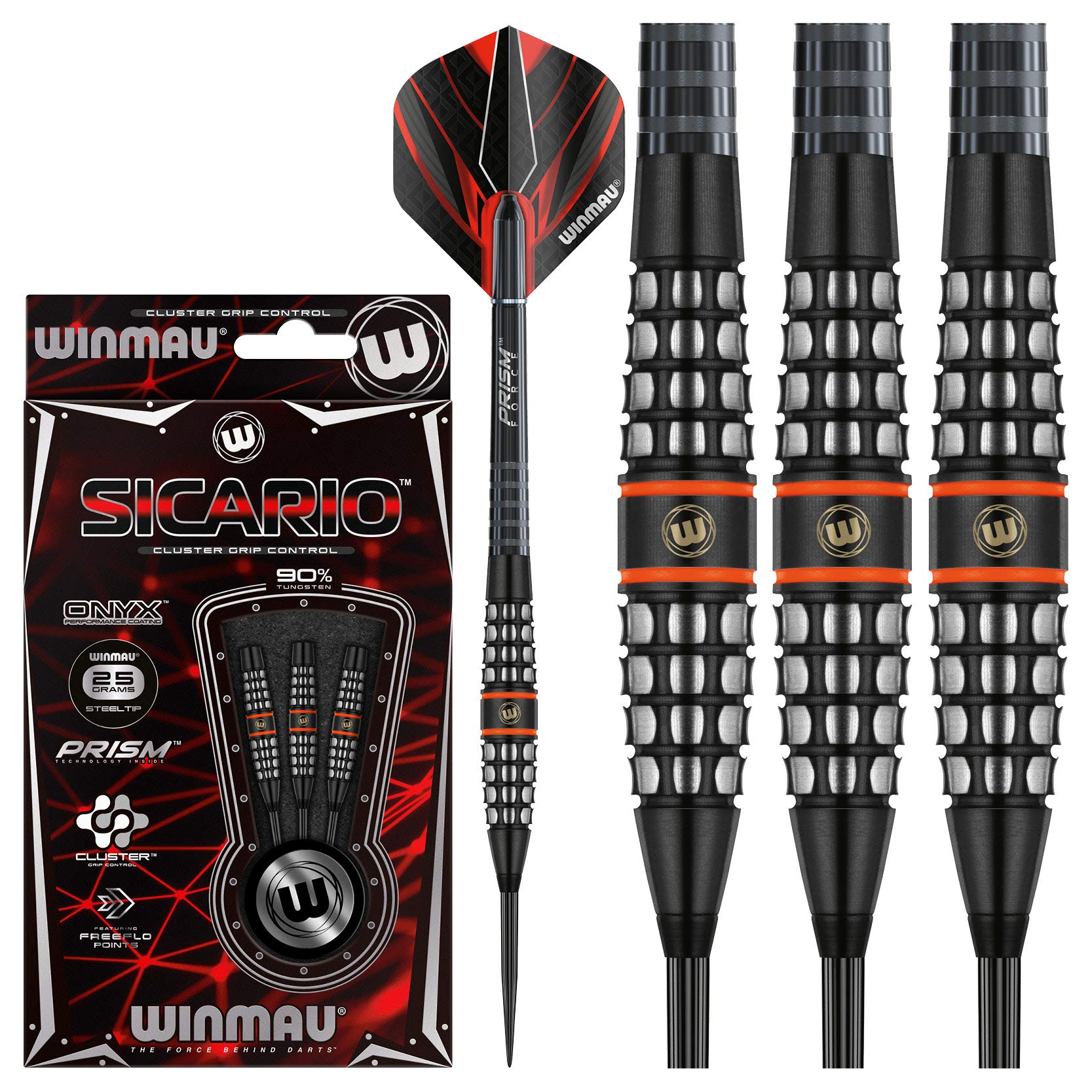 WINMAU Sicario Tungsten Steeltip Darts Set 23g with Prism Flights and Shafts (Stems)