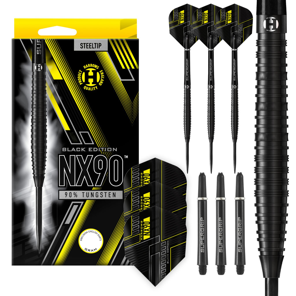Harrows NX90 BLACK EDITION 90% Tungsten Steel Tip Darts Set 21g, 22g, 23g, 24g, 25g & 26g - Includes Black Supergrip Midi Shafts & Micron NX90
