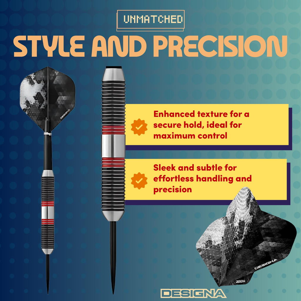 Designa D8650 Meteors | 44g Premium 90% Tungsten Heavy Barrel Steel Tip Dart Set With Ringed Grip Including Flights and Stems, M3, Black and Red