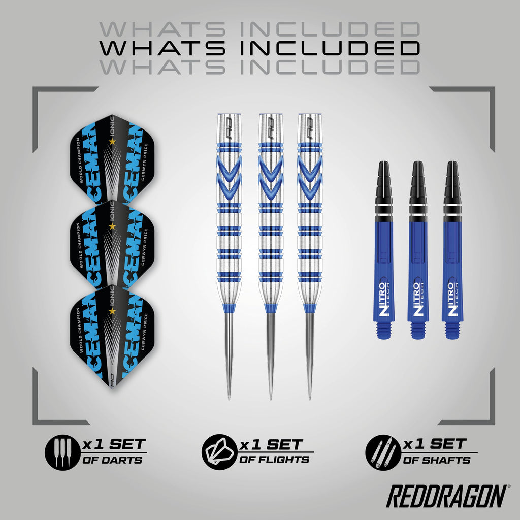 RED DRAGON Gerwyn Price Iceman Originals 24 Gram - Tungsten Steel Darts Set with Flights and Stems