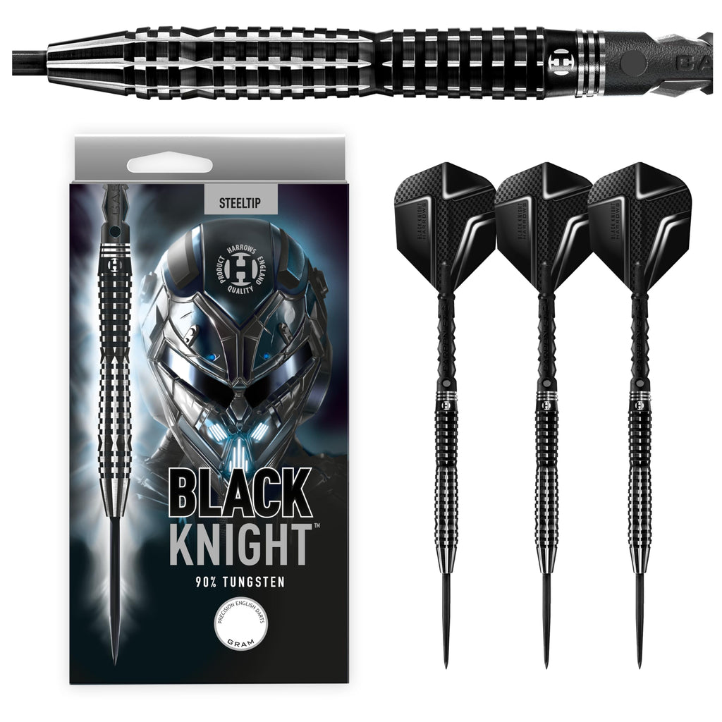 Harrows Black Knight 90% Tungsten Steel Tip Darts Set, 21g - 26g - Includes Black Carbon ST Midi Shafts & Micron Black Knight Flights (24g)