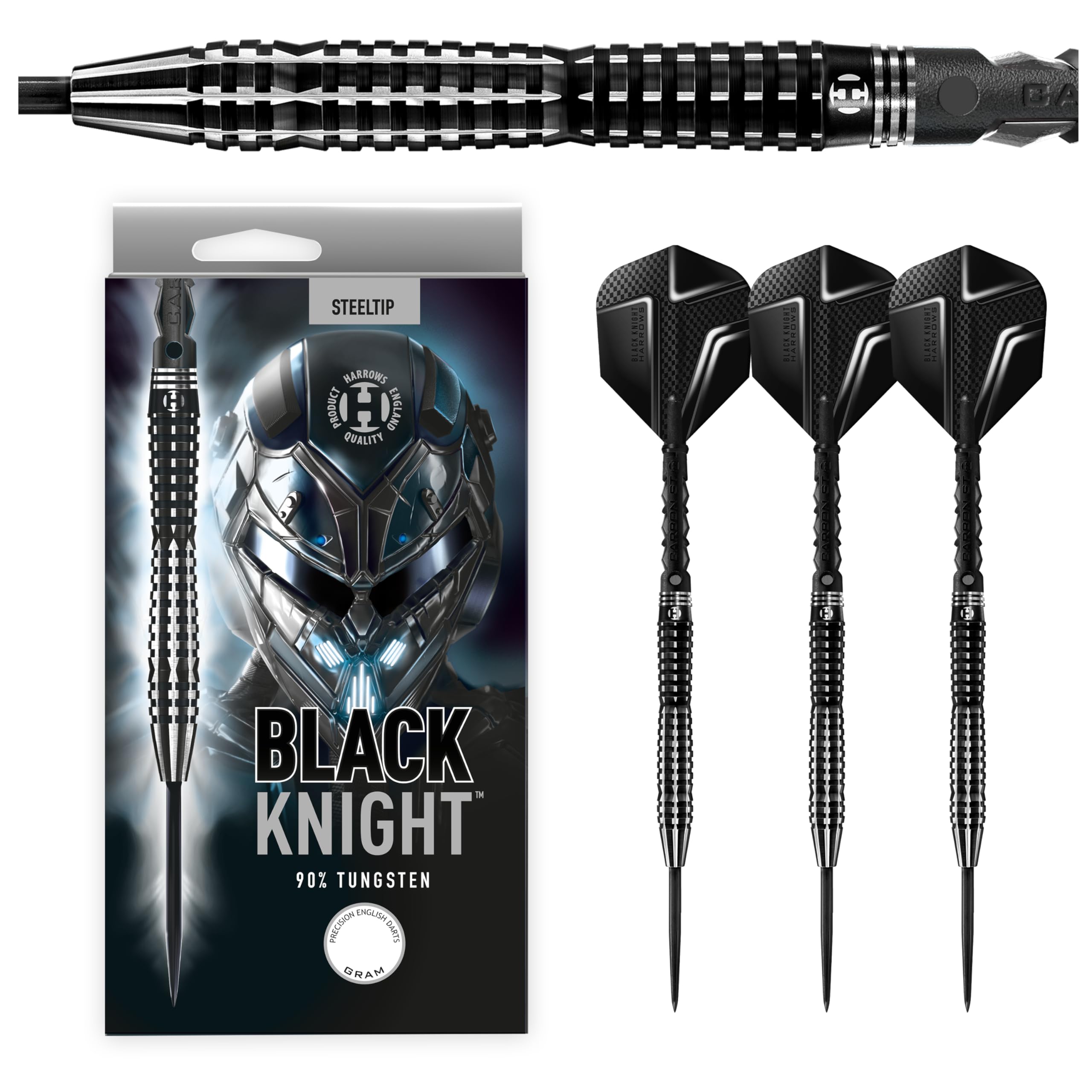 Harrows Black Knight 90% Tungsten Steel Tip Darts Set, 21g - 26g - Includes Black Carbon ST Midi Shafts & Micron Black Knight Flights (24g)