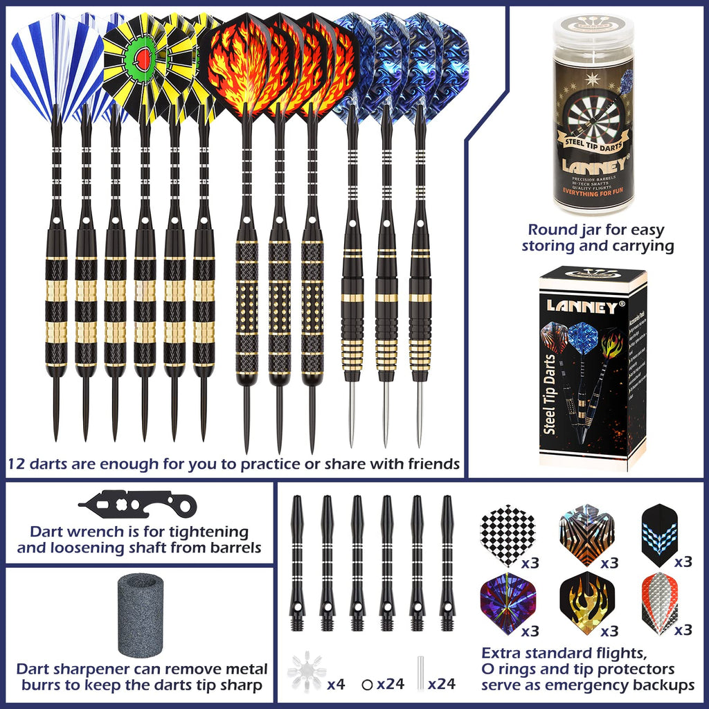 LANNEY Darts Metal Tip, Steel Tip Darts Set 20 Grams, 24 Grams and 26 Grams Professional Darts for Dartboard with Aluminum Shafts, Brass Barrels,