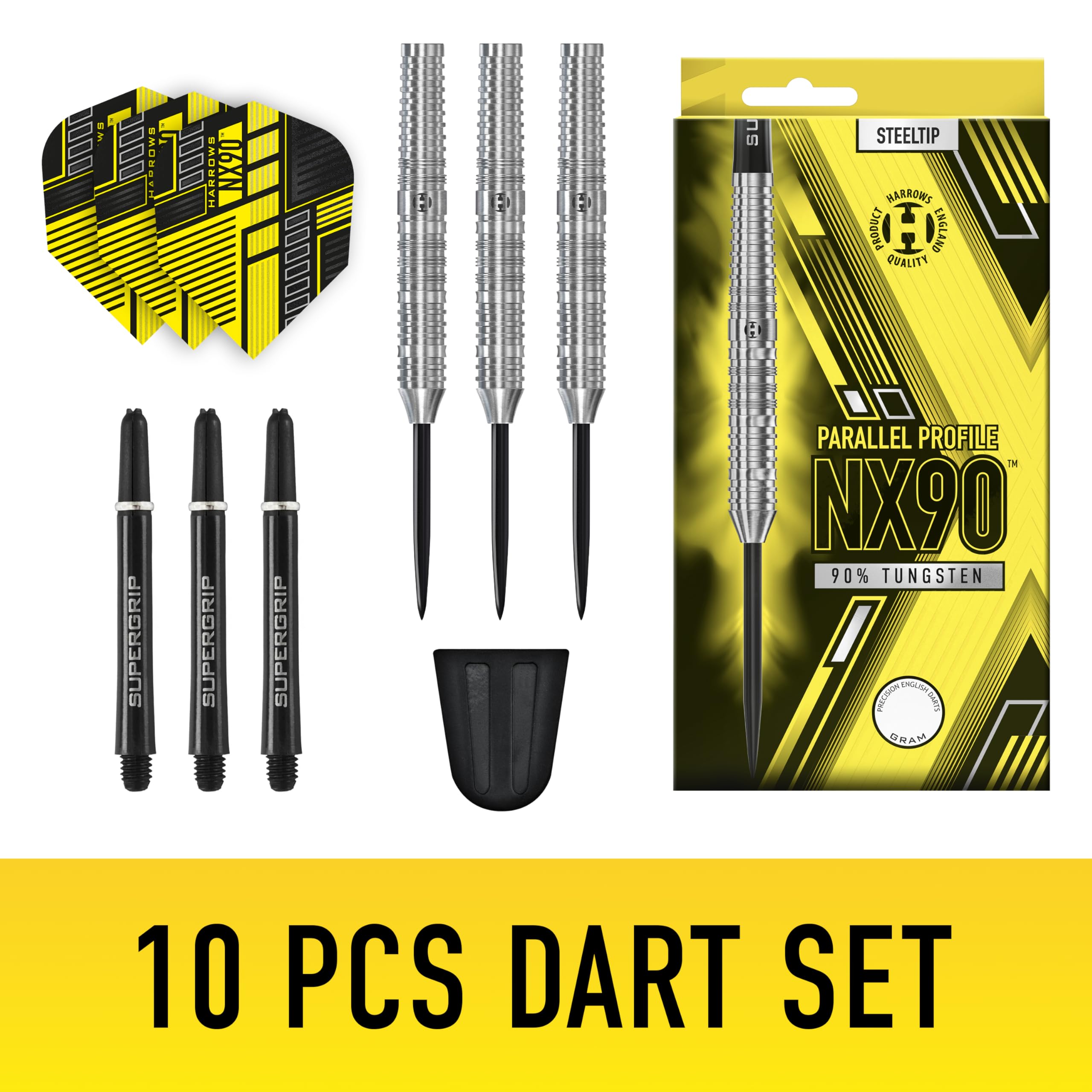 Harrows NX90 Bomb & Parallel Shape Darts Set I Professional Darts 90% Tungsten Steel Tip ALL Weights Pro Darts I 10pc Set with Black Supergrip Midi