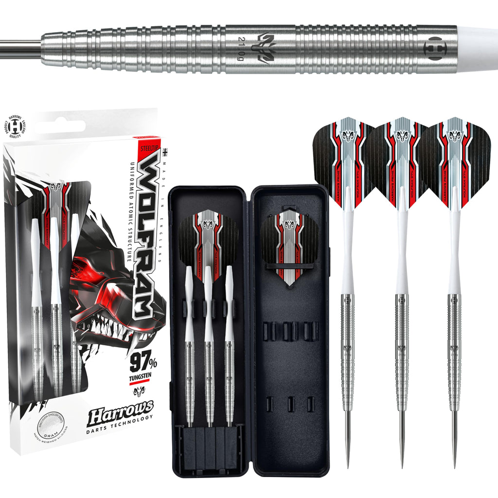 Harrows Wolfram 97% Tungsten Steel Tip Darts Set 21g, 22g, 23g, 24, 25g & 26g - Includes Speedline Shafts, Marathon - Wolfram Flights & Travel Case