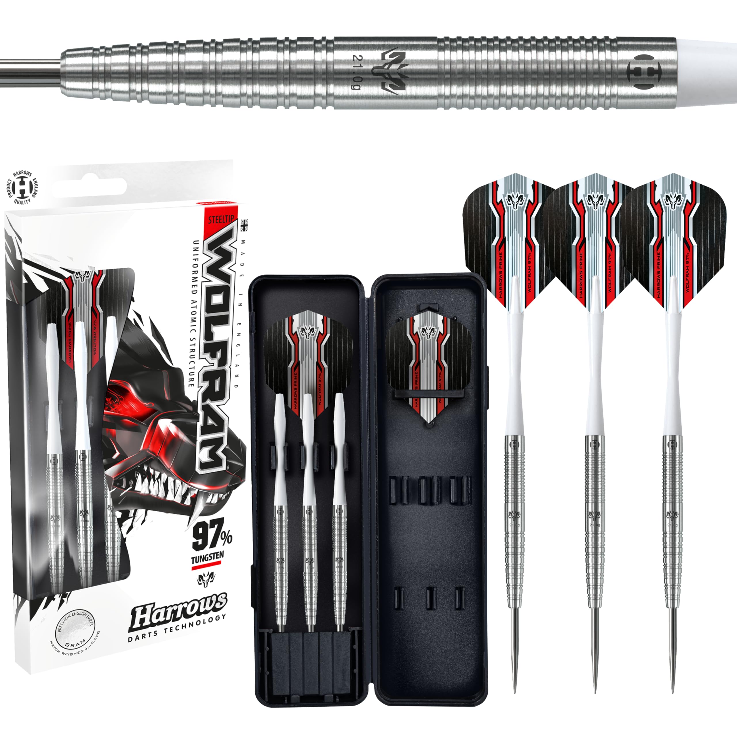 Harrows Wolfram 97% Tungsten Steel Tip Darts Set 21g, 22g, 23g, 24, 25g & 26g - Includes Speedline Shafts, Marathon - Wolfram Flights & Travel Case