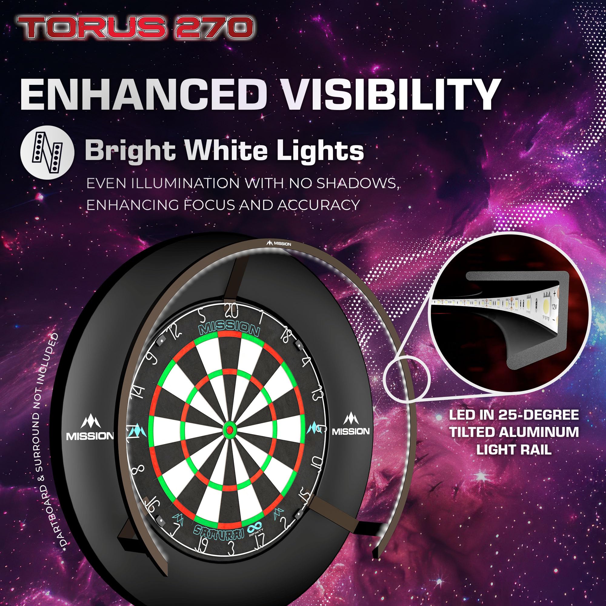Mission Darts TOR270 Torus 270 | Dartboard LED Lighting System with Easy Access Area for Unrestricted Play, Sand Blasted Black