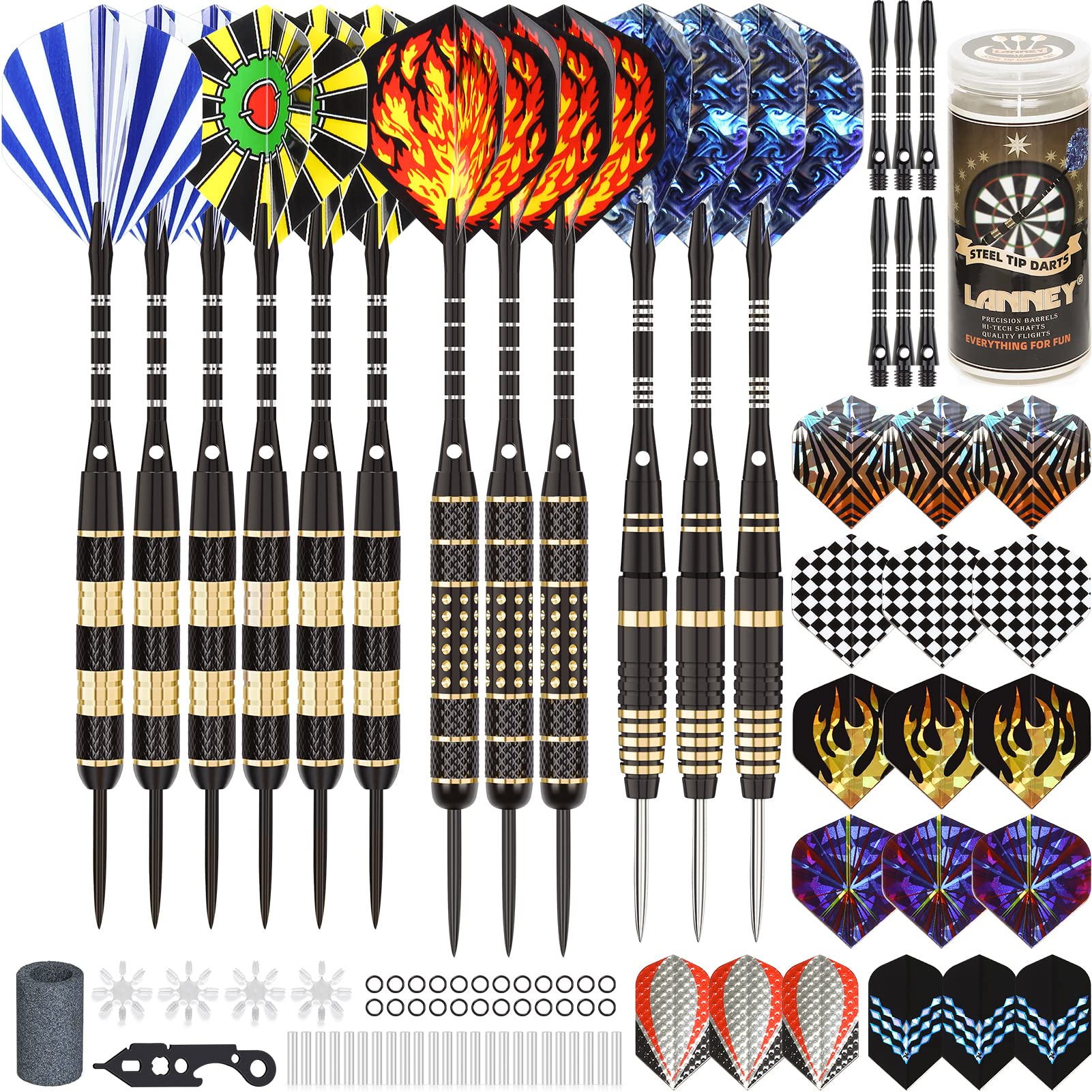 LANNEY Darts Metal Tip, Steel Tip Darts Set 20 Grams, 24 Grams and 26 Grams Professional Darts for Dartboard with Aluminum Shafts, Brass Barrels,