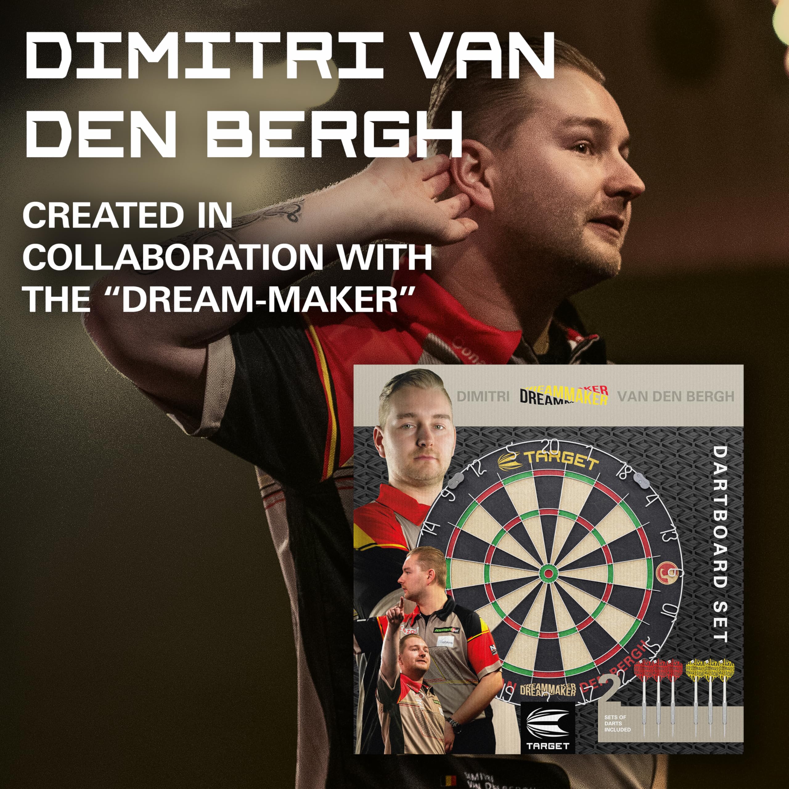 Target Darts Dimitri Van den Bergh Dartboard Set | Player Edition Dart Board Set with 2 Sets of Steel Tip Darts, Competition Standard Throw Line |