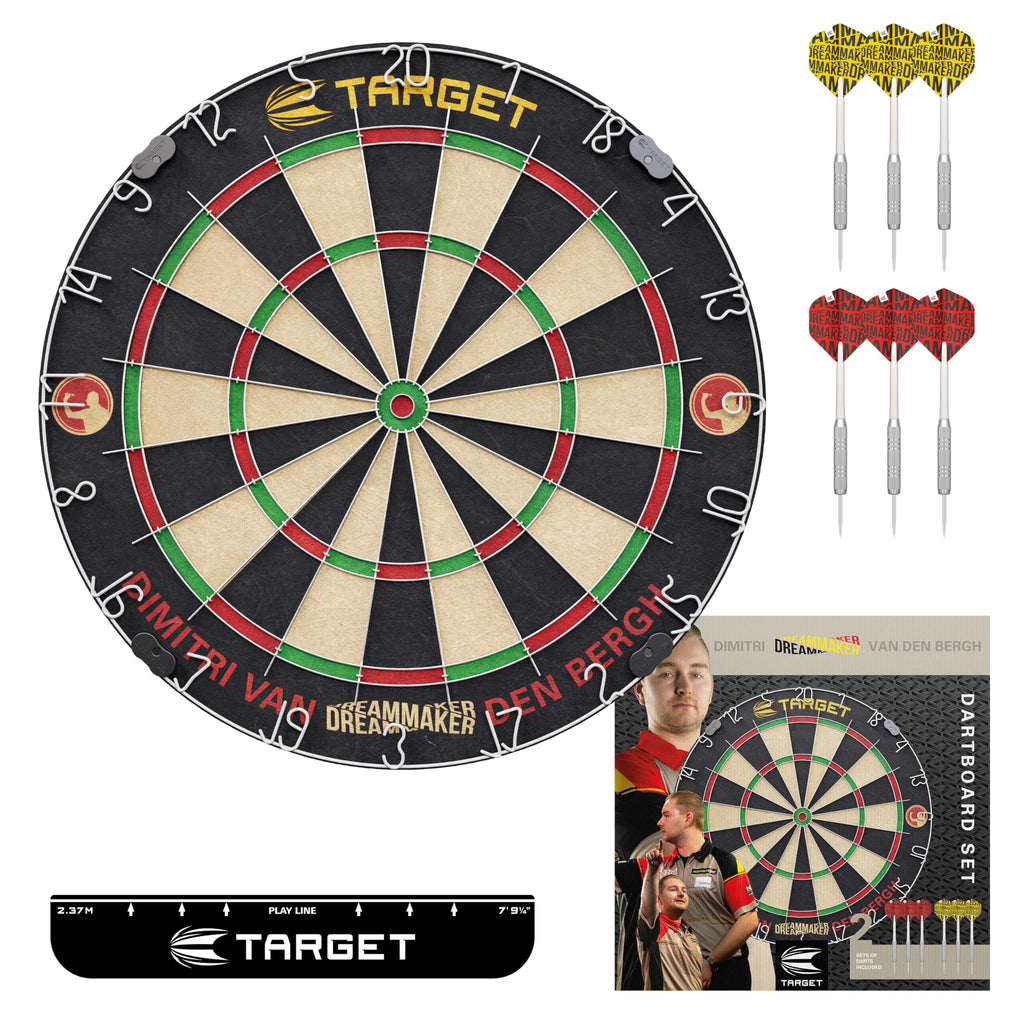 Target Darts Dimitri Van den Bergh Dartboard Set | Player Edition Dart Board Set with 2 Sets of Steel Tip Darts, Competition Standard Throw Line |