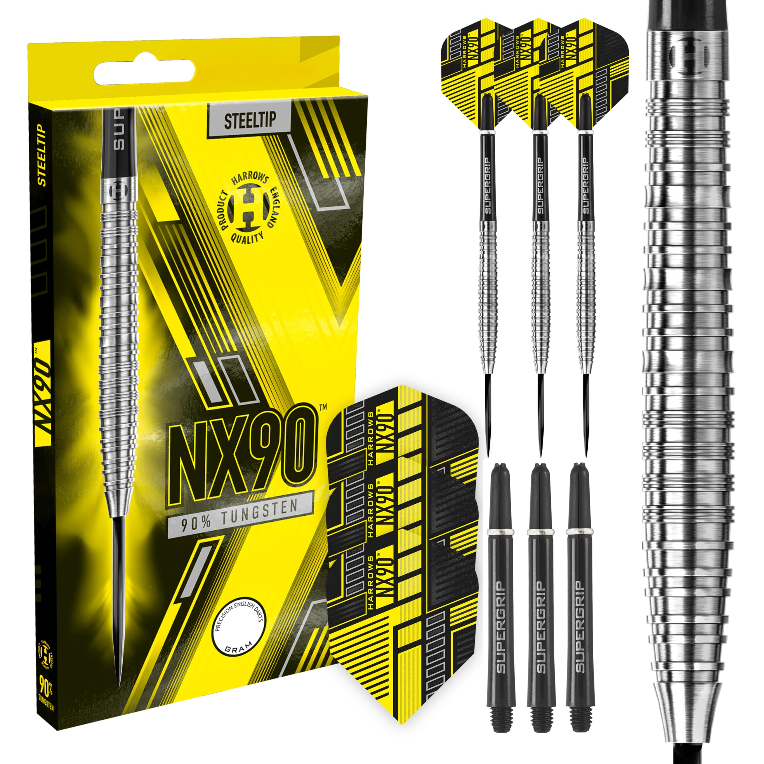 Harrows NX90 90% Tungsten Steel Tip Darts Set 21g, 22g, 23g, 24g, 25g & 26g - Includes Black Supergrip Midi Shafts & Micron NX90 Flights (23g)