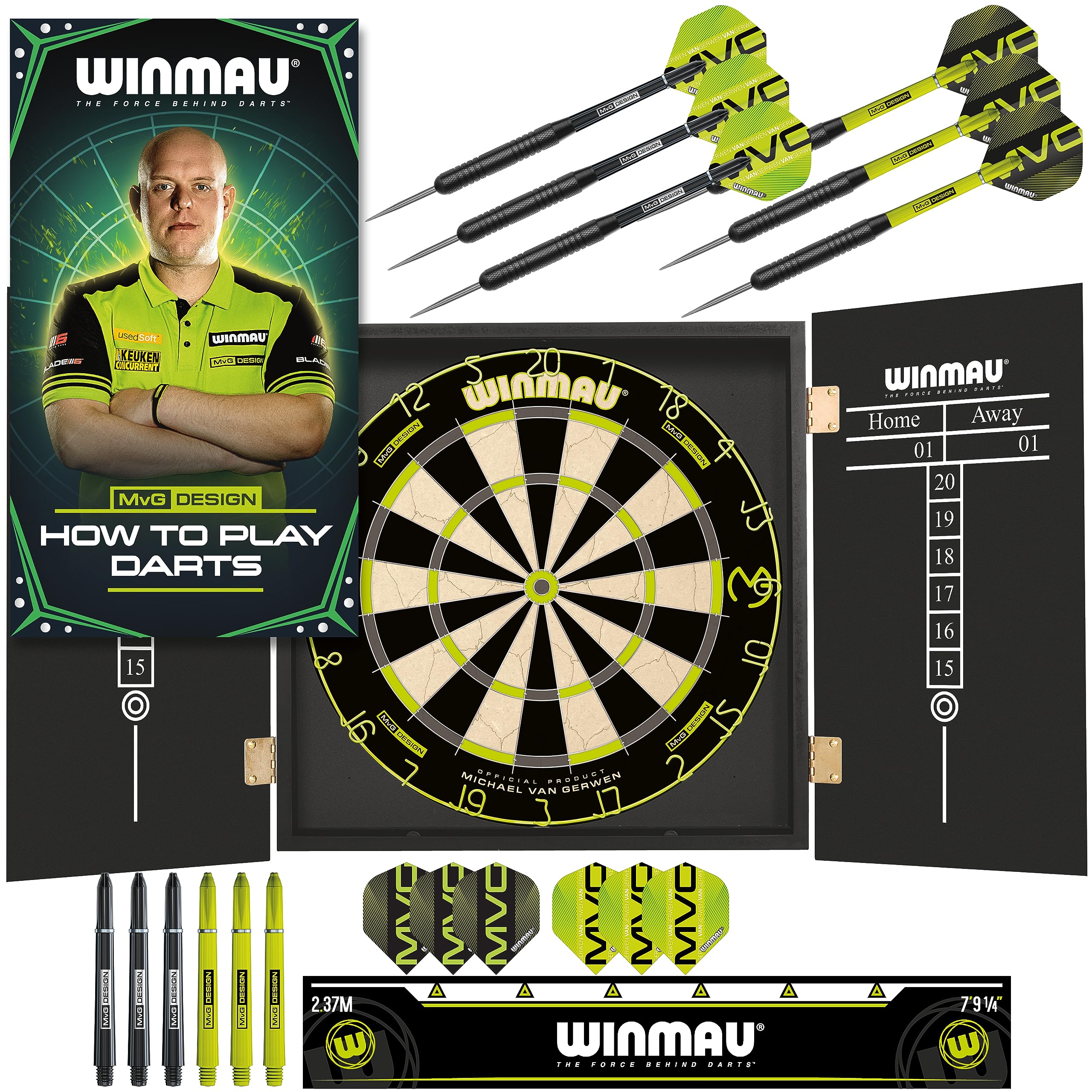 WINMAU Dartboard Cabinet Set Michael van Gerwen MvG Darts Cabinet | Dartboard | 2 x Sets of Darts & Accessories